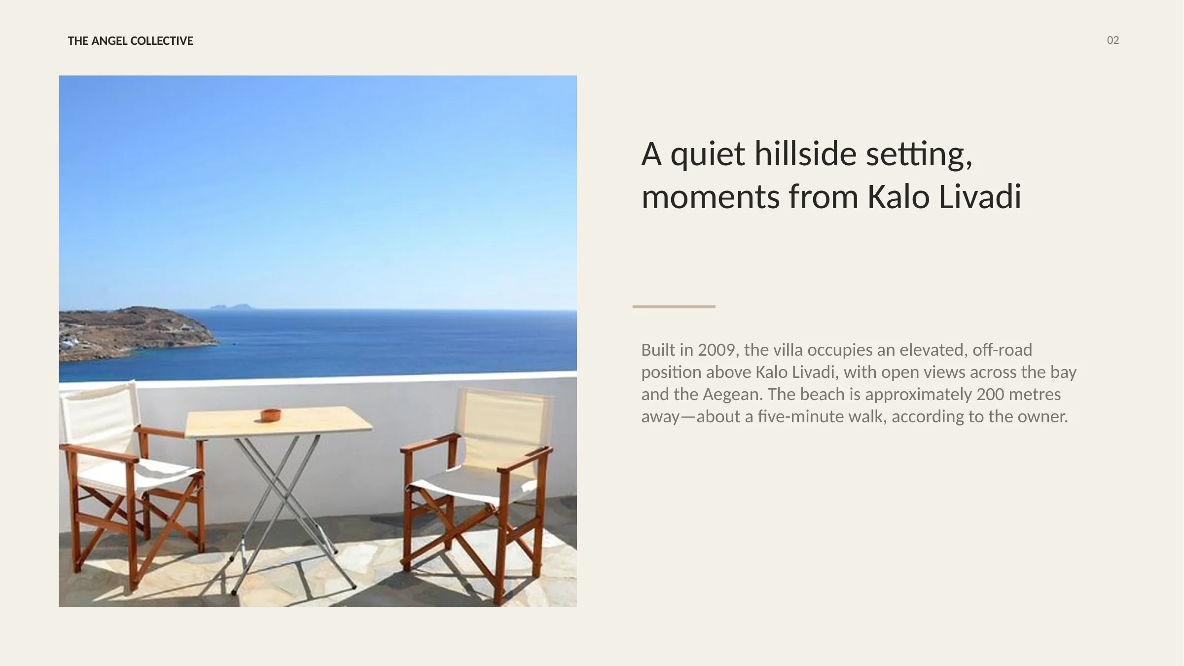South-facing balcony with open views across Kalo Livadi Bay and the Aegean Sea.