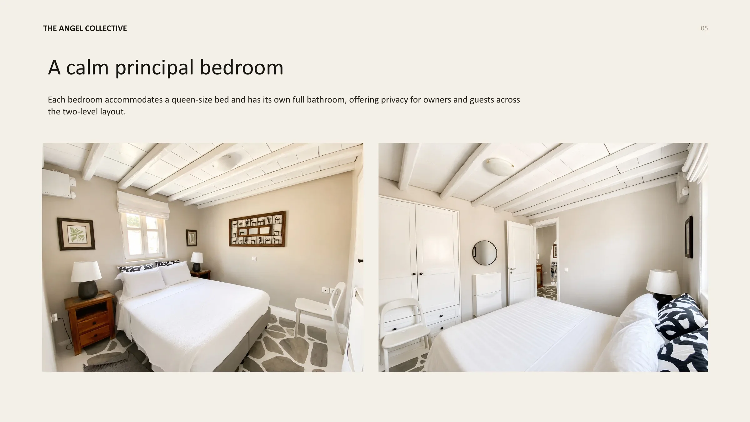 Calm principal bedroom with a queen-size bed, exposed timber ceiling and private en-suite bathroom.