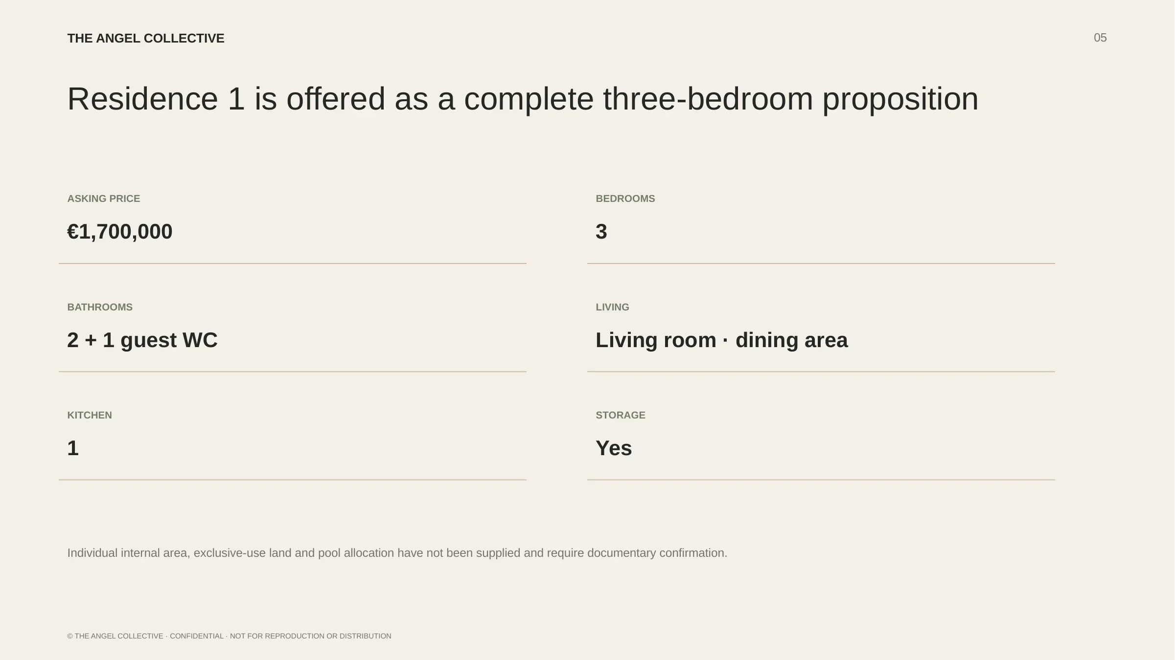Property specifications and asking price for the first residence in the Agrari two-villa complex.