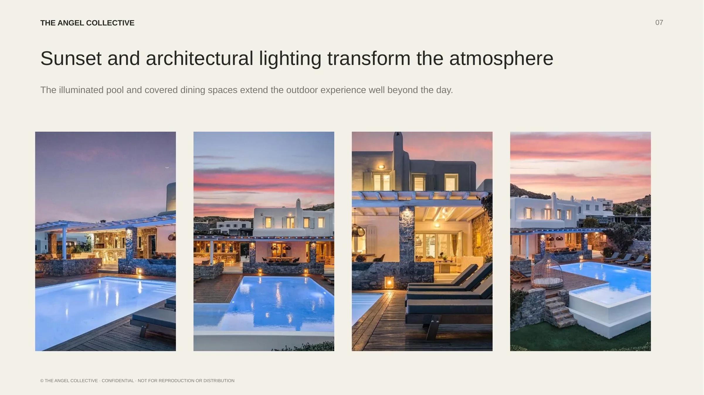 Sunset pool: El Sueno villa illuminated at sunset, with atmospheric pool lighting and views across the Mykonos landscape.