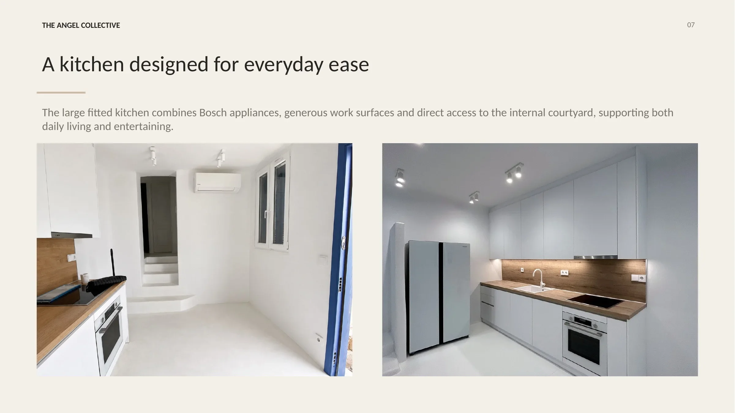 Large fitted kitchen with Bosch appliances, extensive work surfaces and access to the internal courtyard.