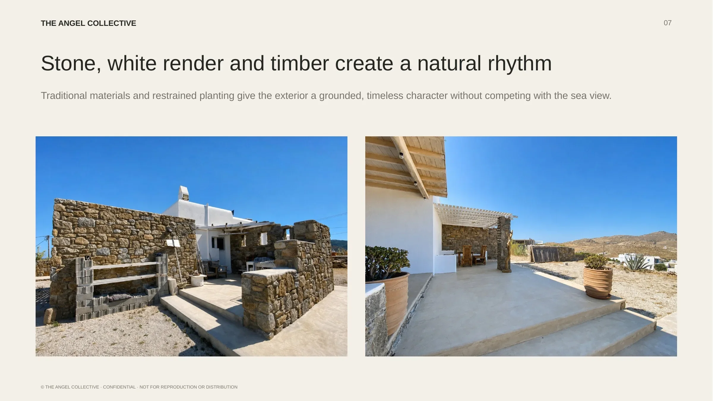 Natural stone walls, white render and a sheltered terrace creating authentic Mykonian character.
