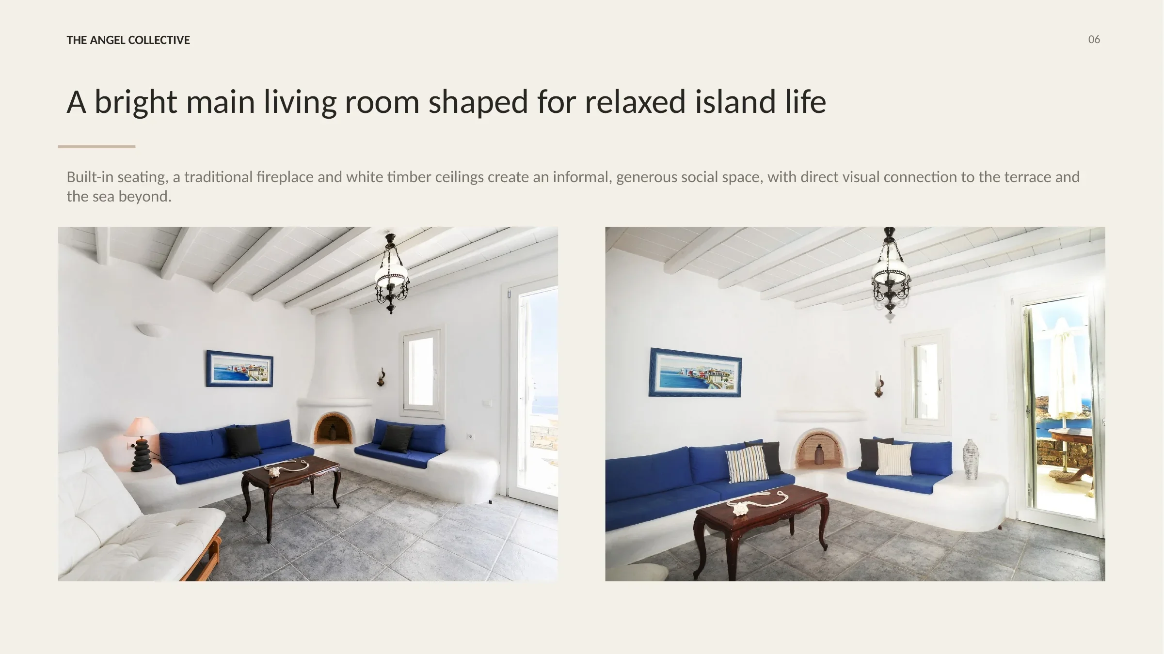 Bright main living room with built-in seating, a traditional fireplace and white timber ceilings.