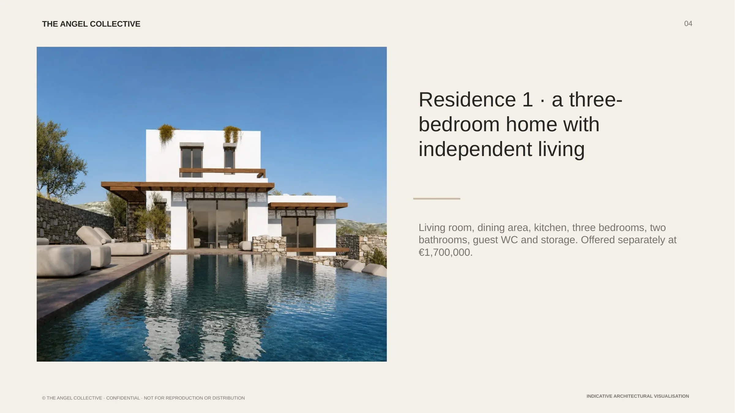 Indicative architectural overview of Residence One with private outdoor living areas in Agrari, Mykonos.