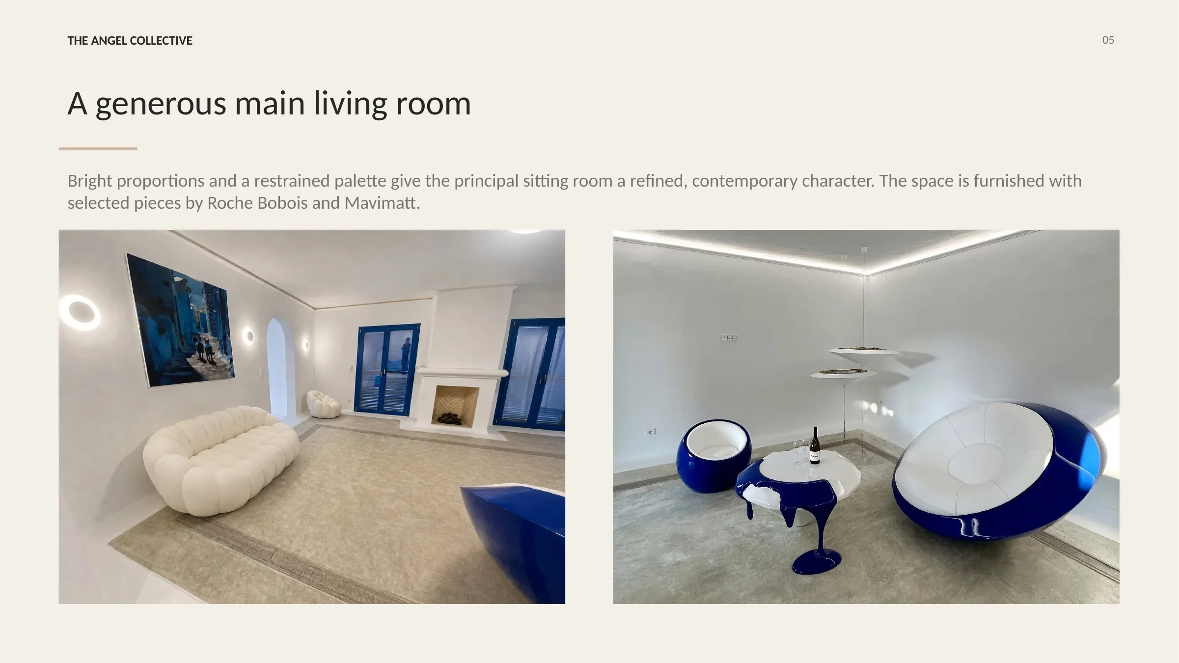 Generous contemporary living room with bright proportions, neutral colours and selected designer furniture.