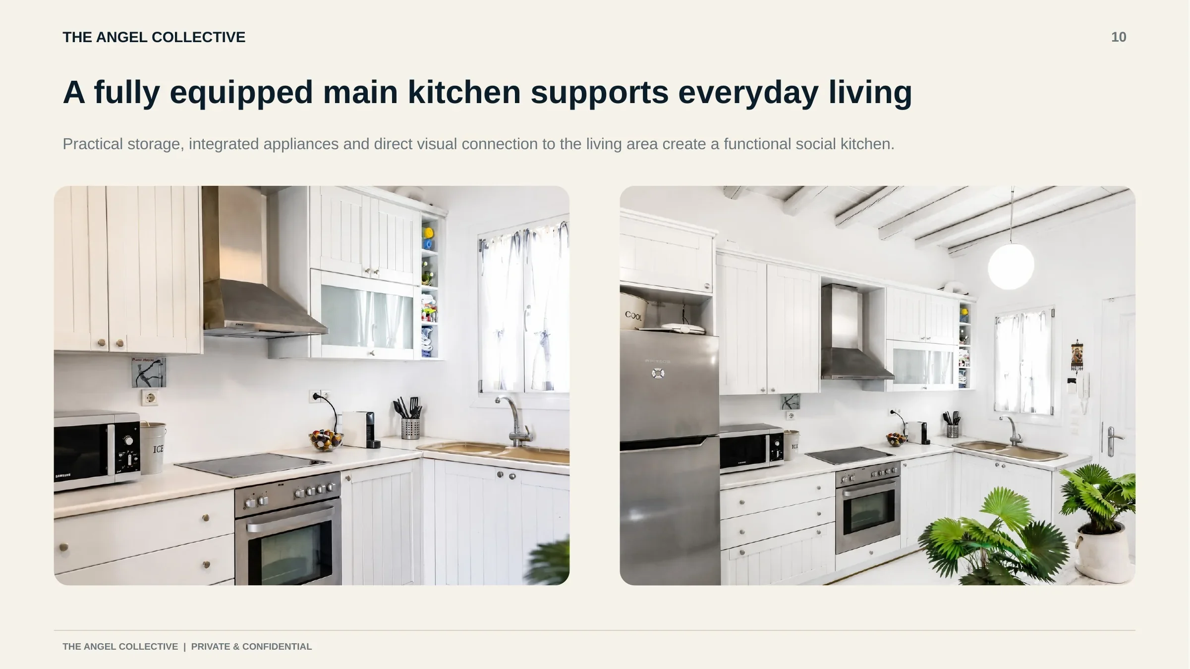Main kitchen
   Fully equipped villa kitchen with integrated appliances, white cabinetry, practical storage and a connection to the main living area.