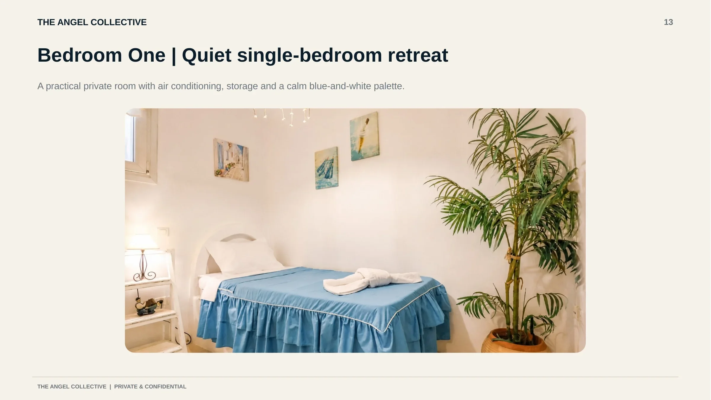 Bedroom one
   Quiet single bedroom with air conditioning, practical storage and a relaxed blue-and-white island-inspired interior.