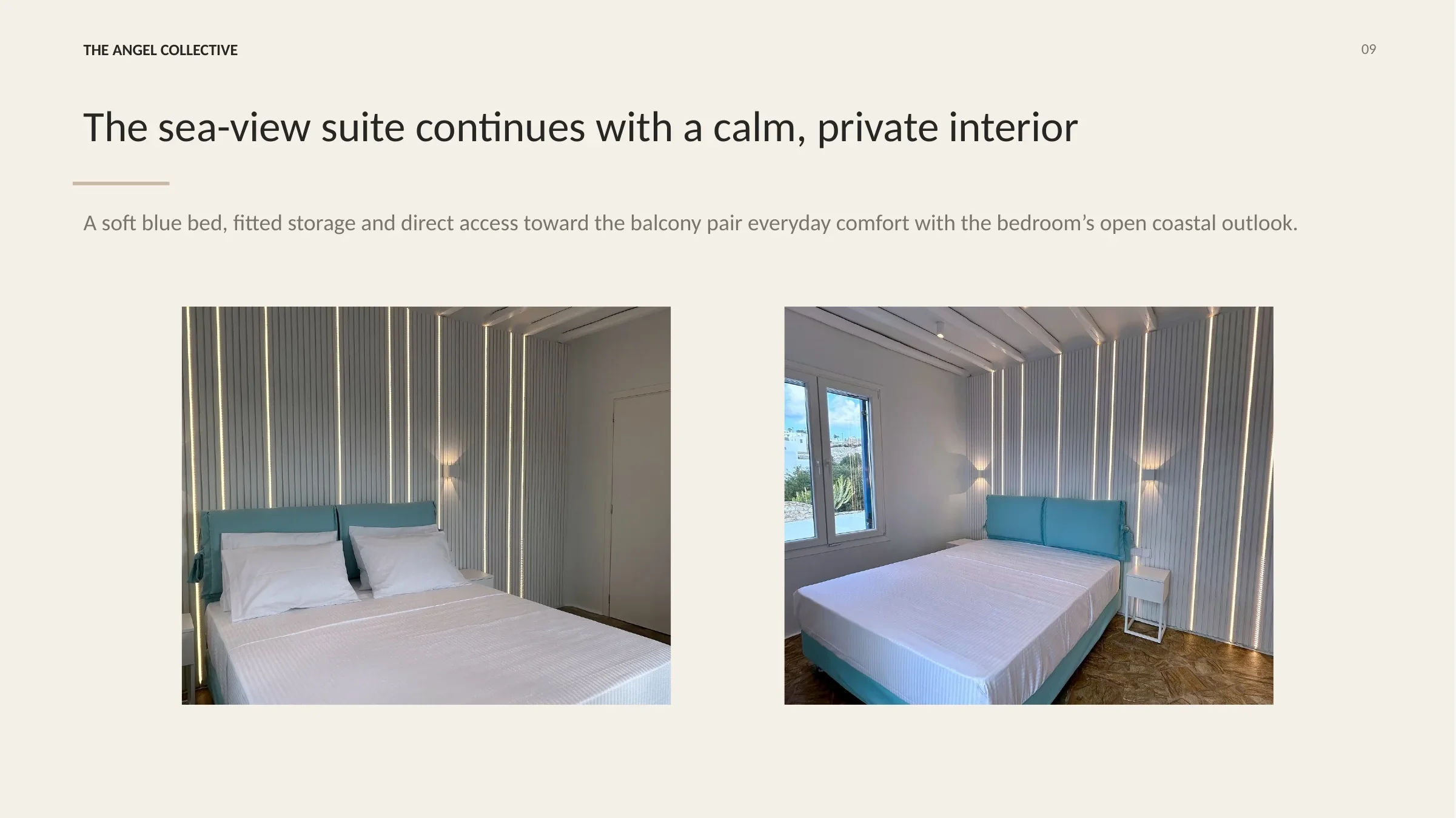 Calm sea-view bedroom with a soft blue bed, fitted wardrobes and direct balcony access.