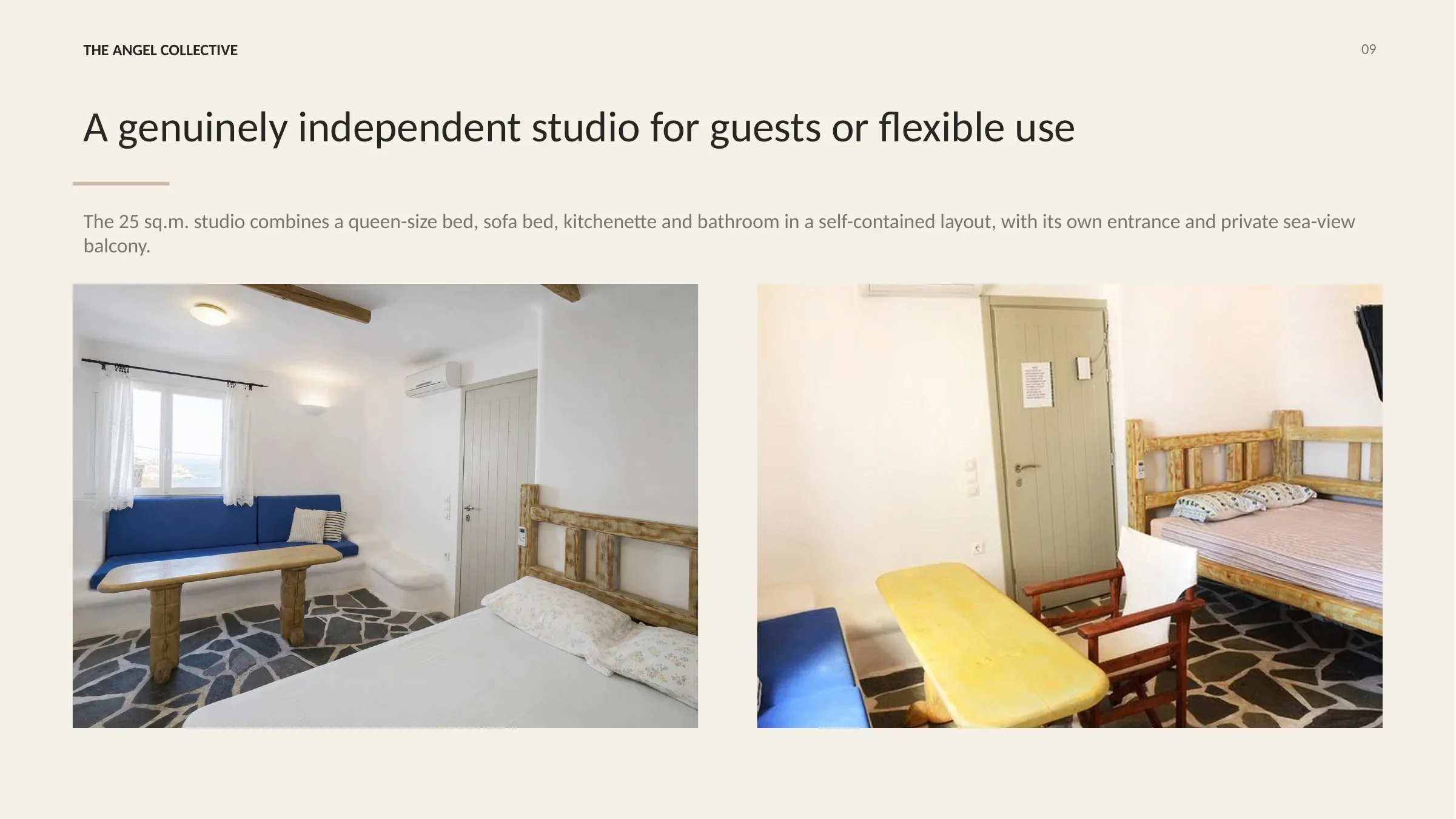 Self-contained guest studio with a queen-size bed, sofa bed, kitchenette, bathroom and private entrance.