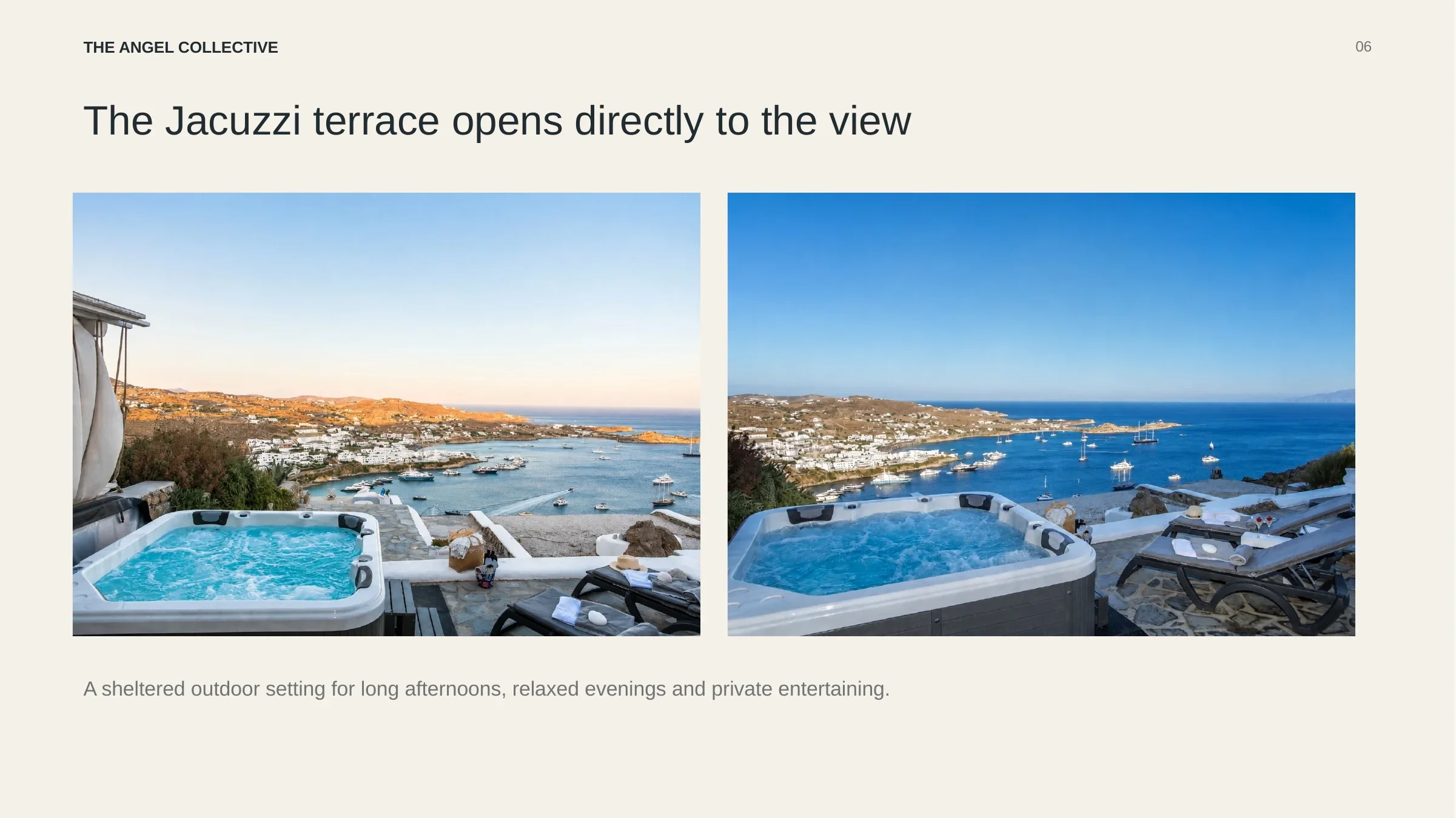 Private outdoor Jacuzzi and sheltered terrace overlooking Psarou Bay and the Aegean Sea.