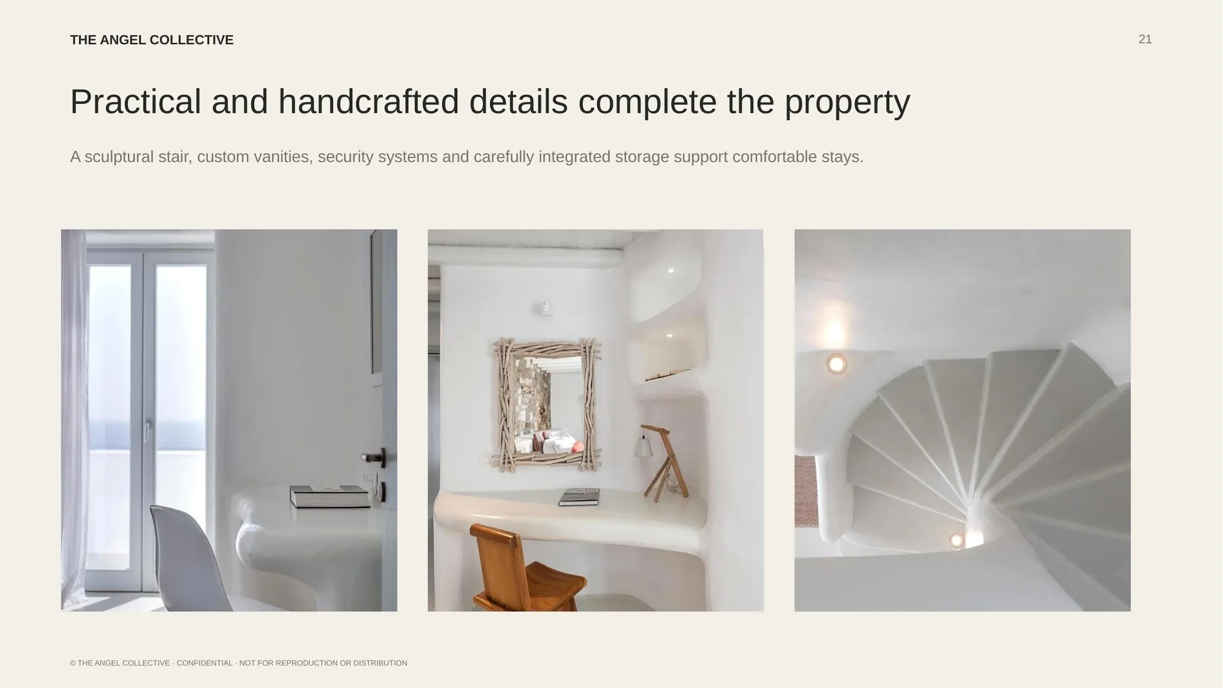 Interior details: Handcrafted interior details, built-in furniture, bright workspaces and a sculptural white staircase.
