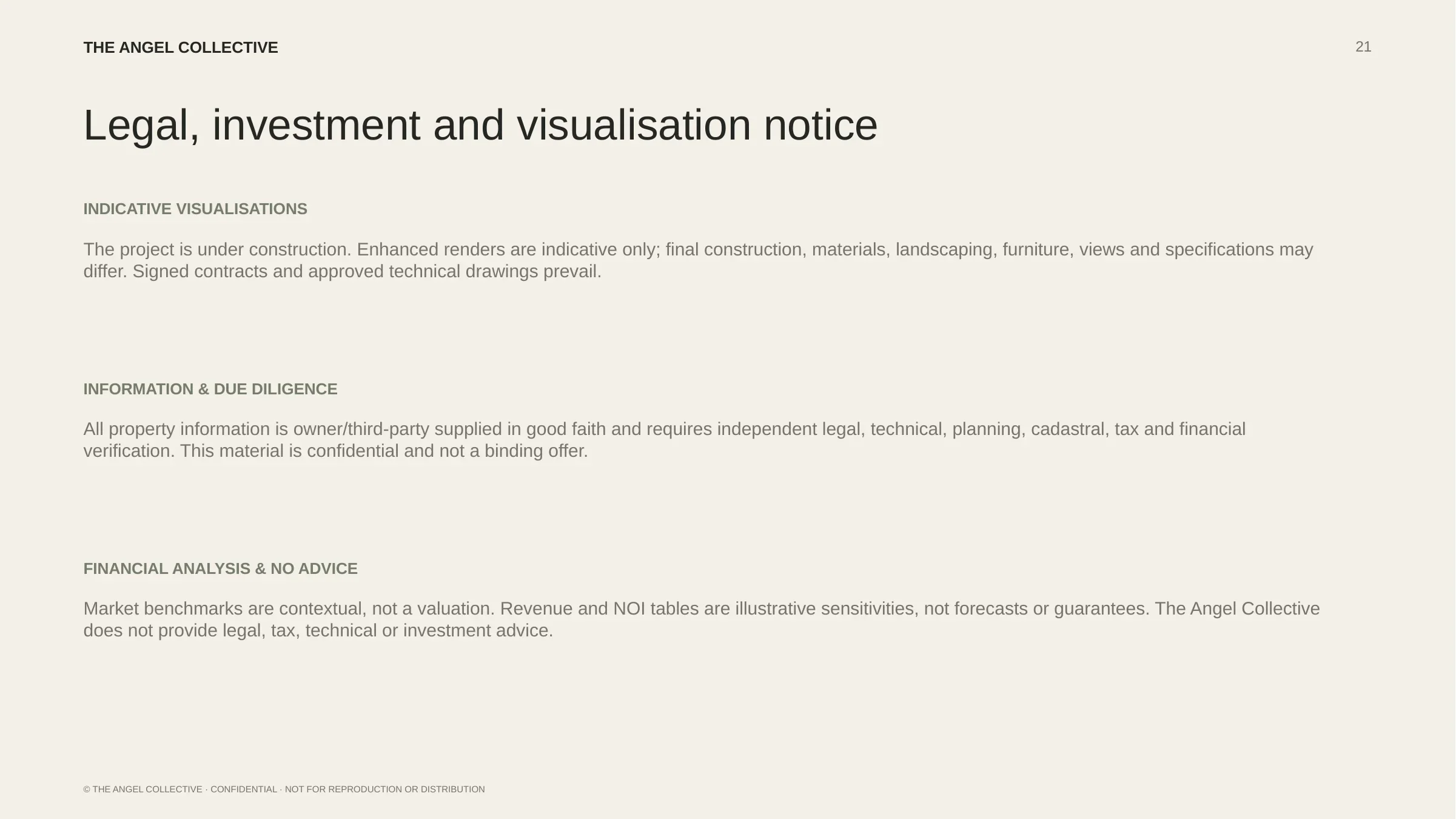 Legal, investment and architectural visualisation notice for the Agrari property presentation.