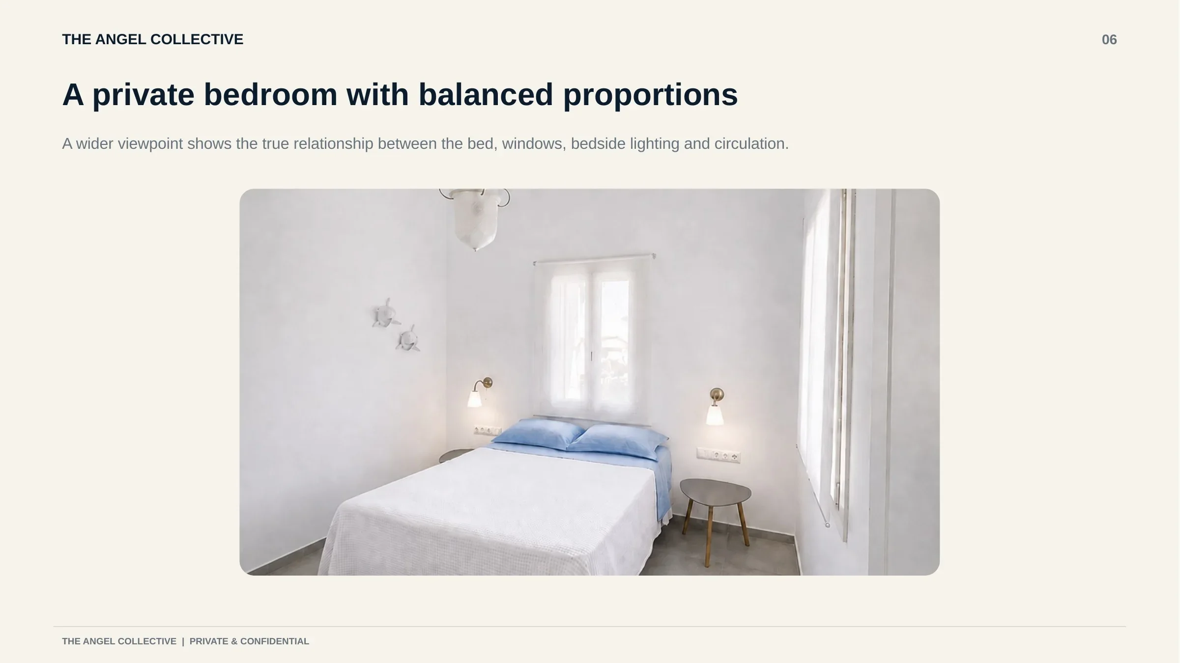 Private double bedroom with balanced proportions, natural light and understated Mykonian styling.