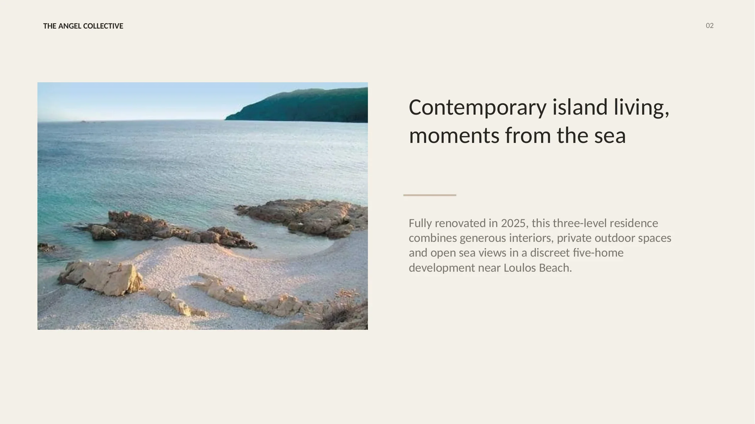 Rocky coastline and clear Aegean waters near a fully renovated residence by Loulos Beach in Mykonos.