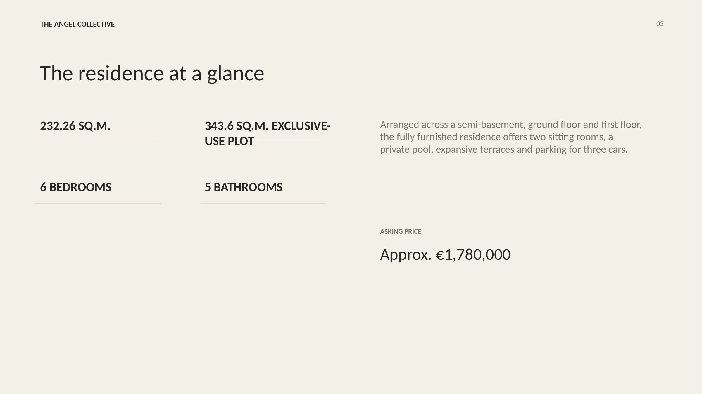 Overview of a 232-square-metre three-level residence with six bedrooms, five bathrooms and a private pool.