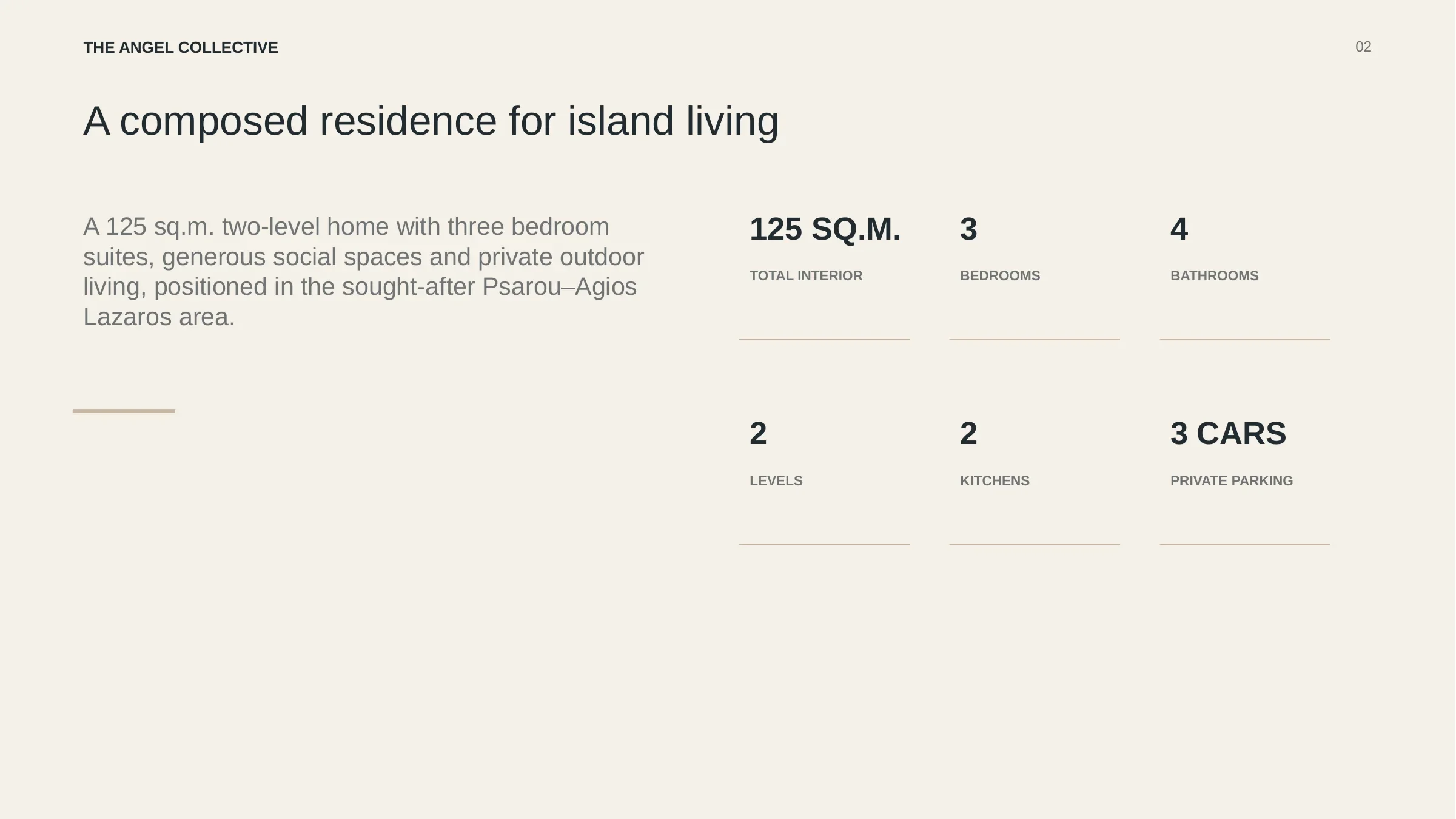 Overview of a 125-square-metre two-level residence with three bedroom suites and private outdoor living.