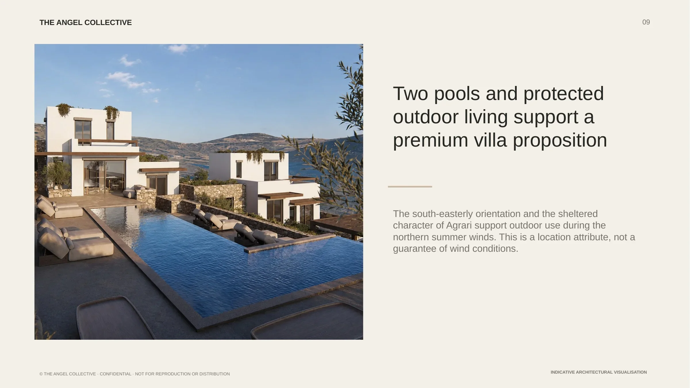 Indicative architectural visualisation of the two private pools and outdoor living areas in Agrari, Mykonos.