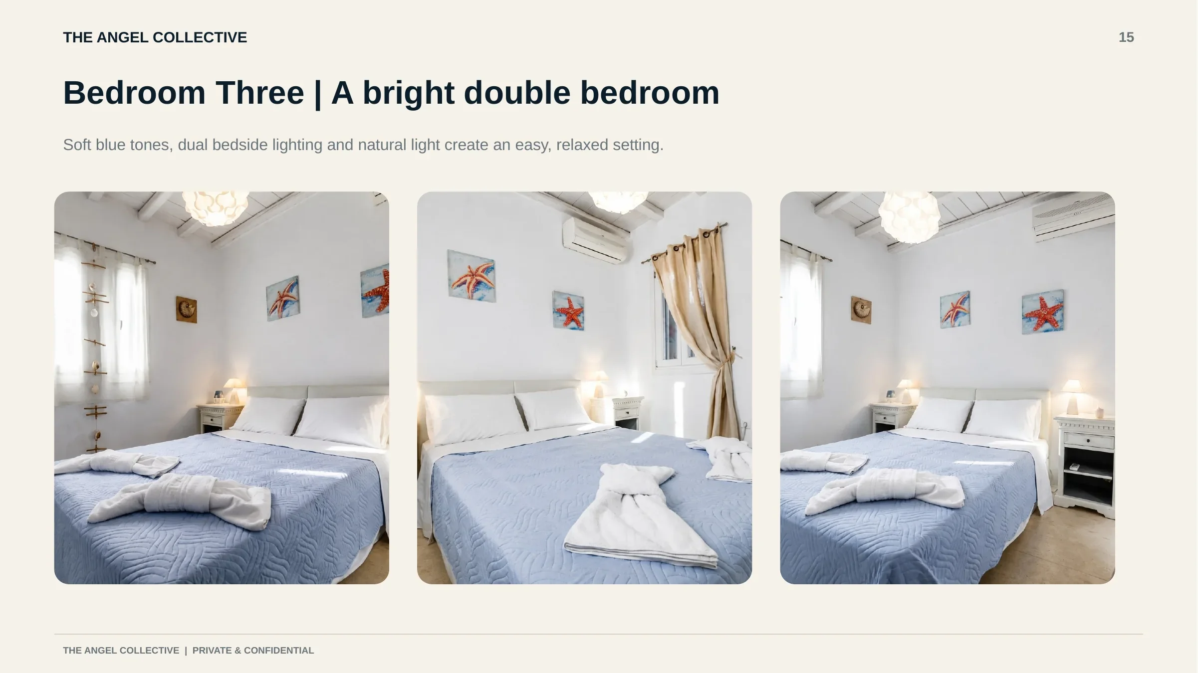 Bedroom three
   Bright double bedroom with natural light, soft blue details and a calm atmosphere suitable for guests.