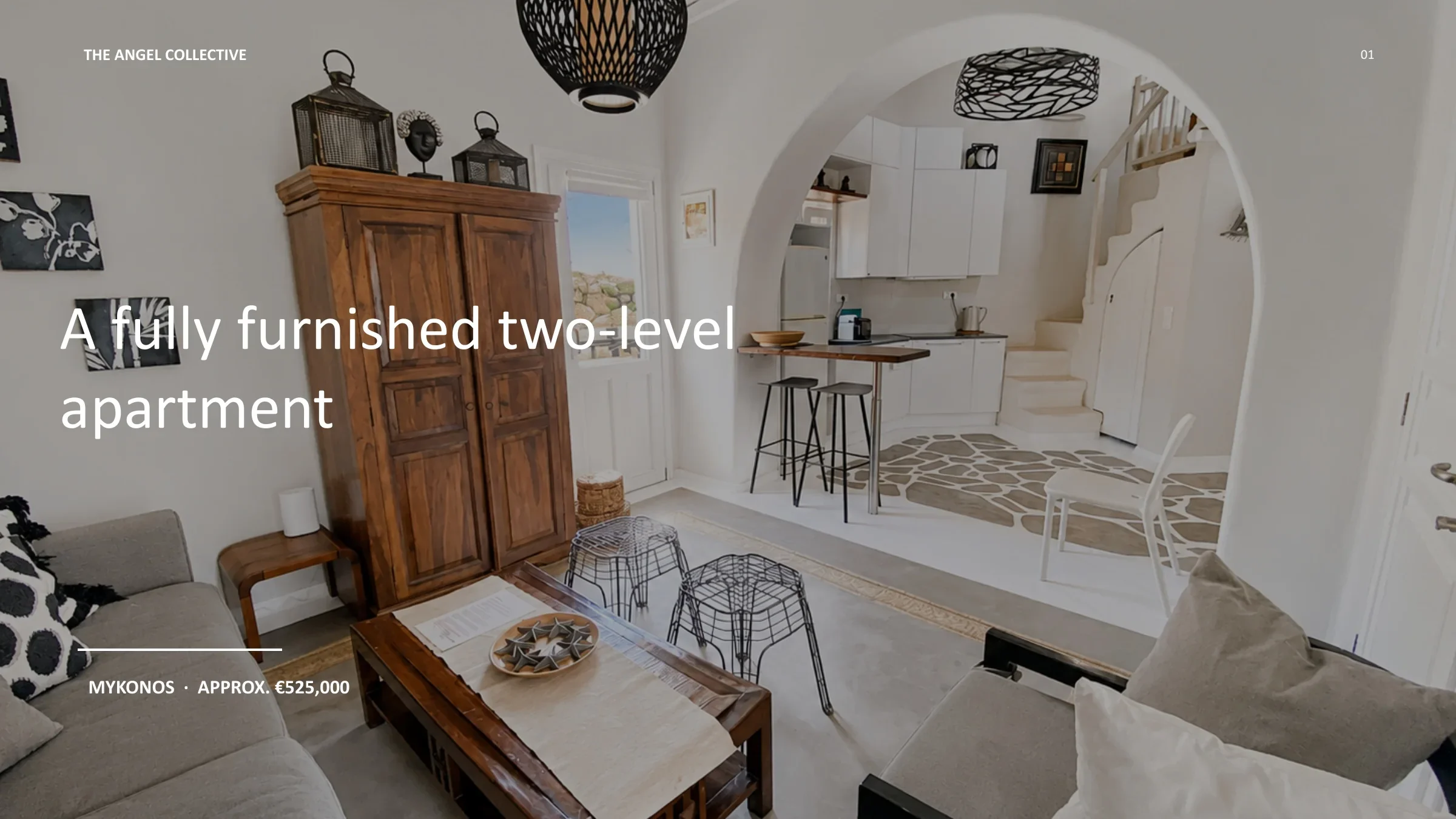 Fully furnished two-level apartment in Ornos, Mykonos, with a bright open-plan Cycladic interior.
