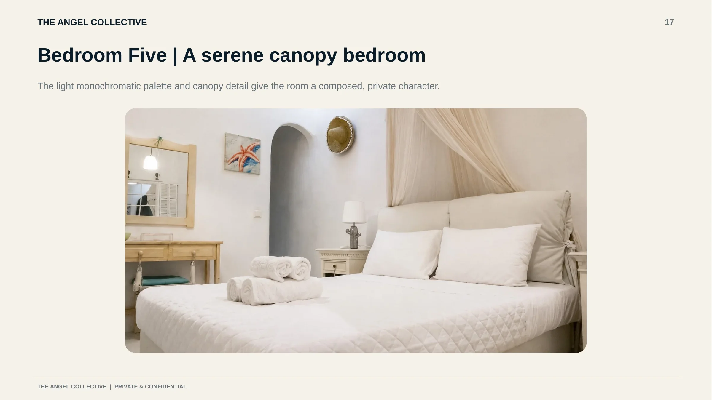 Bedroom five
   Serene double bedroom with a white canopy bed, soft fabrics and a light monochromatic design.