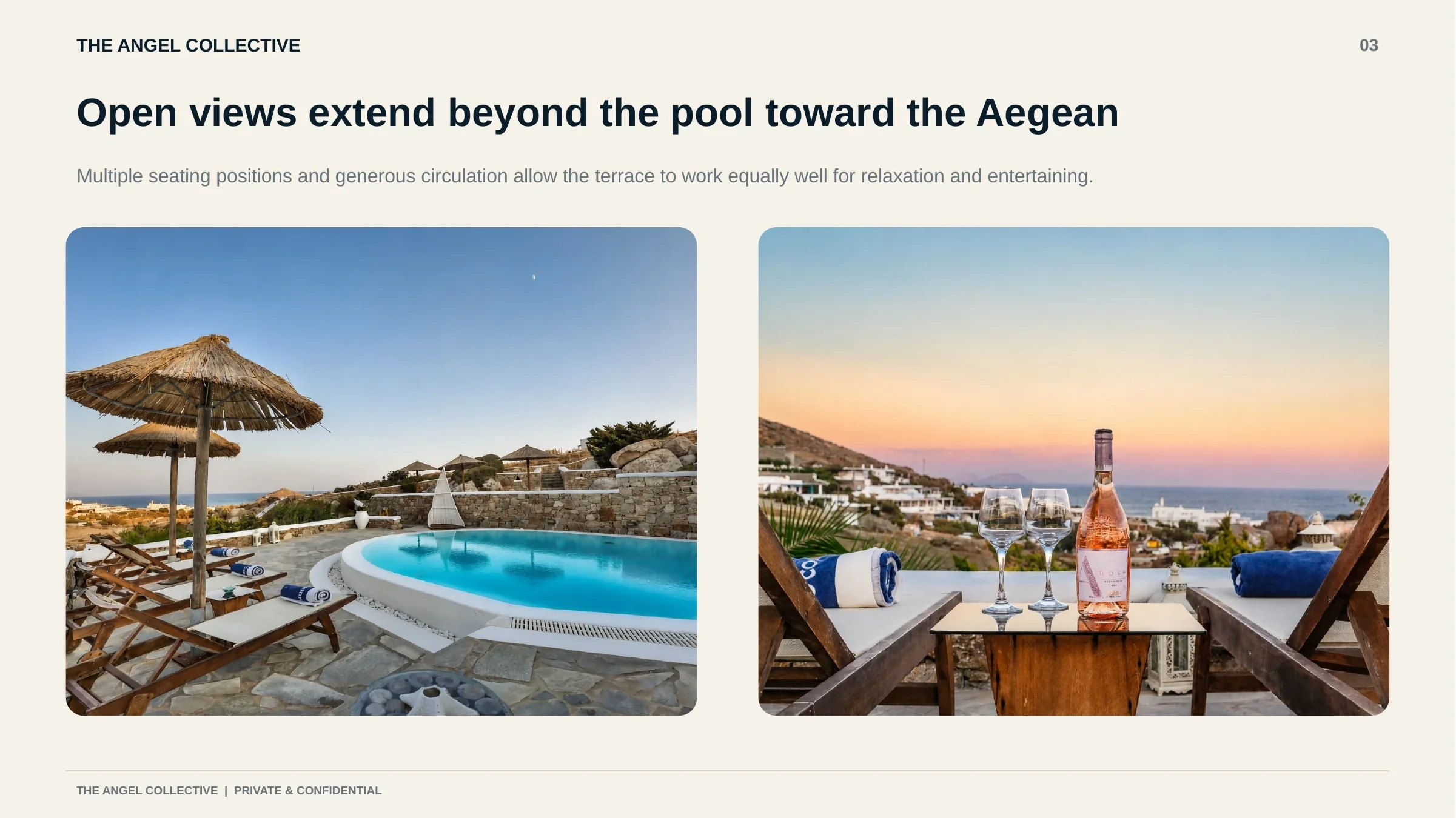 Pool and sea views
Sea-facing pool terrace with outdoor seating and uninterrupted views across the Aegean landscape of Mykonos.