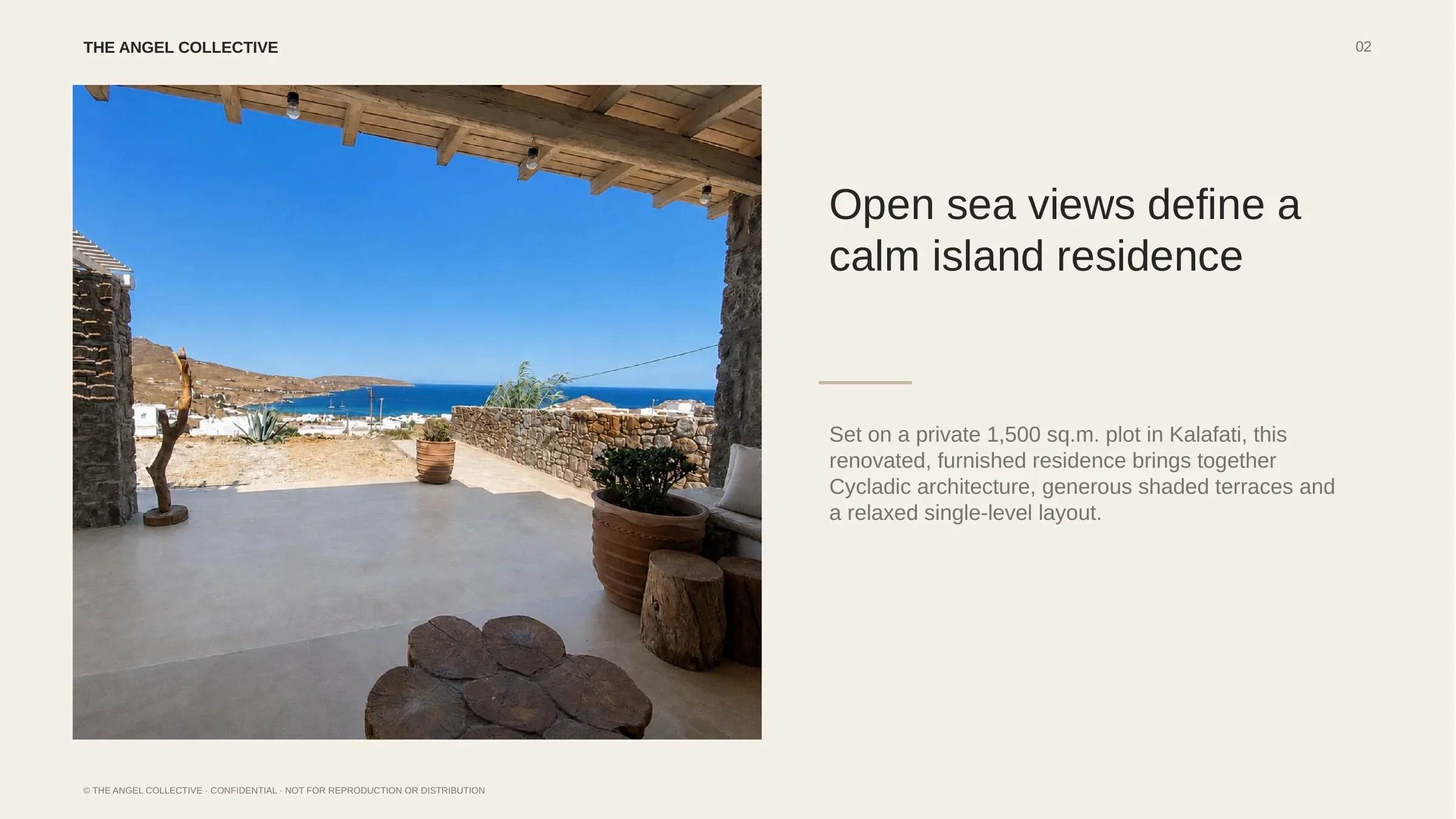 Shaded terrace with open Aegean Sea views at a renovated single-level residence in Kalafati.