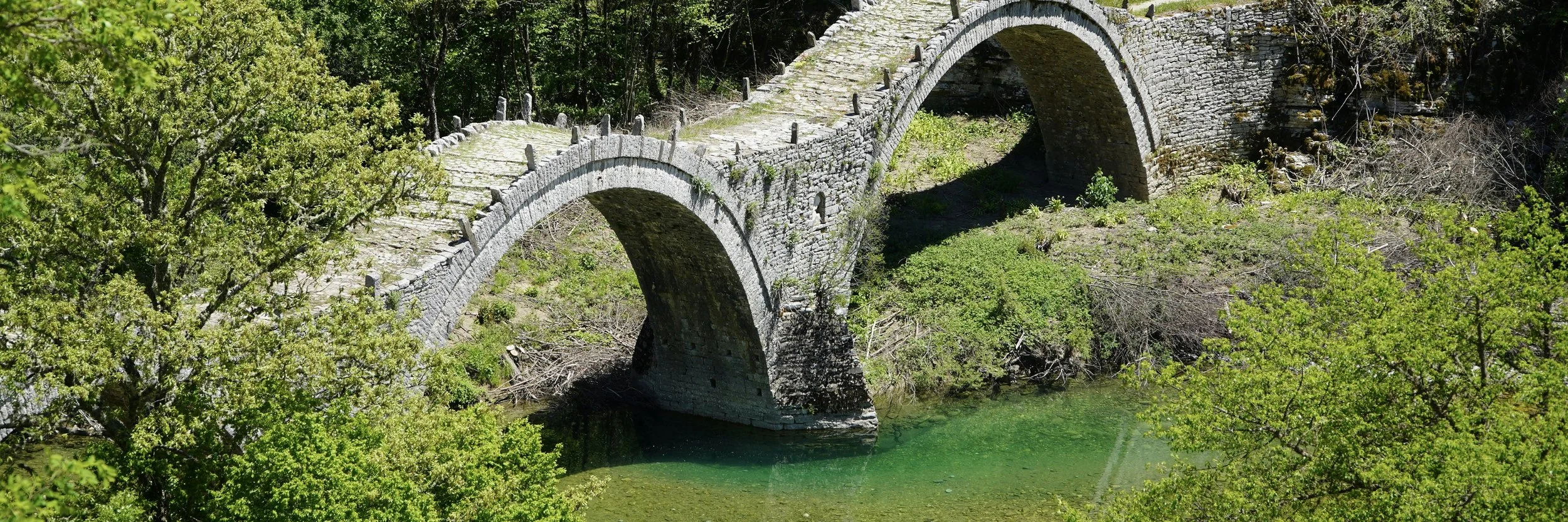 A stone bridge with two arches spanning over a green river, surrounded by dense green trees and shrubs.