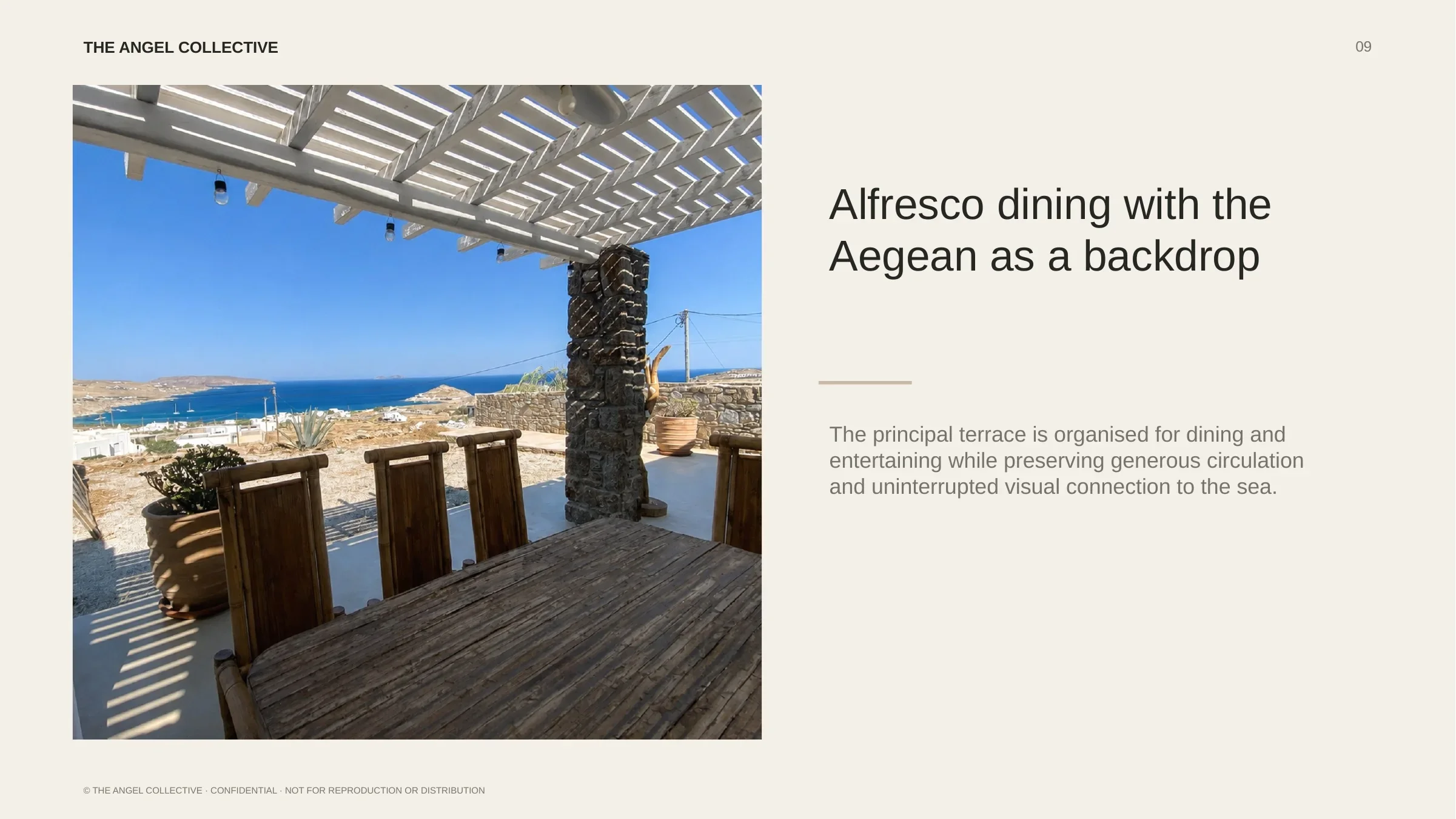 Outdoor dining terrace with a timber pergola and uninterrupted views toward the Aegean Sea.