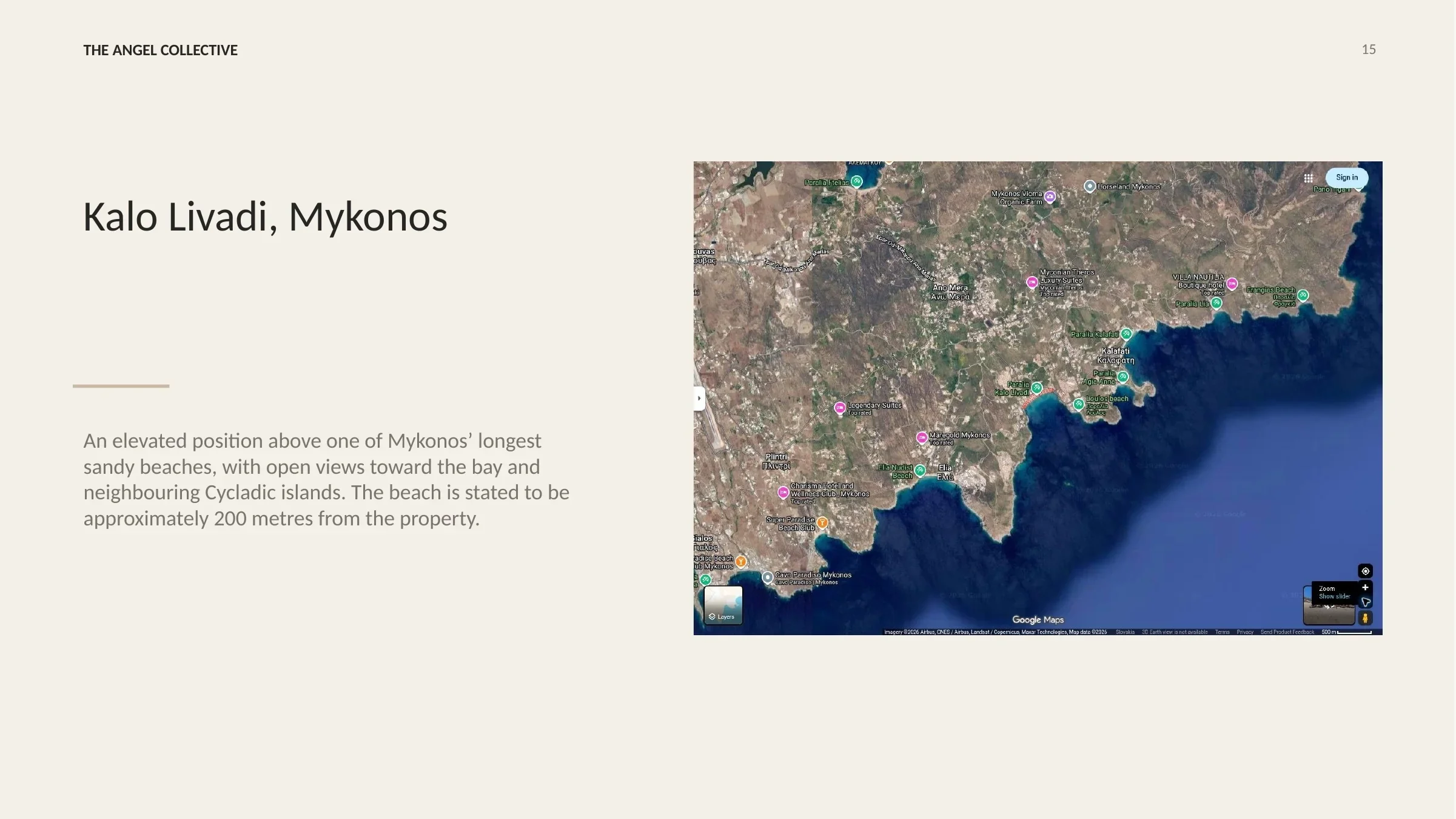 Kalo Livadi location overview showing the villa's elevated position near the sandy beach and Aegean coastline.