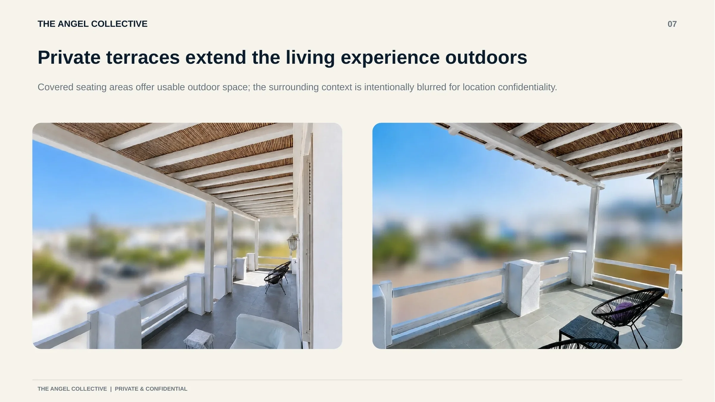 Large covered terraces providing shaded outdoor seating and additional private living space.