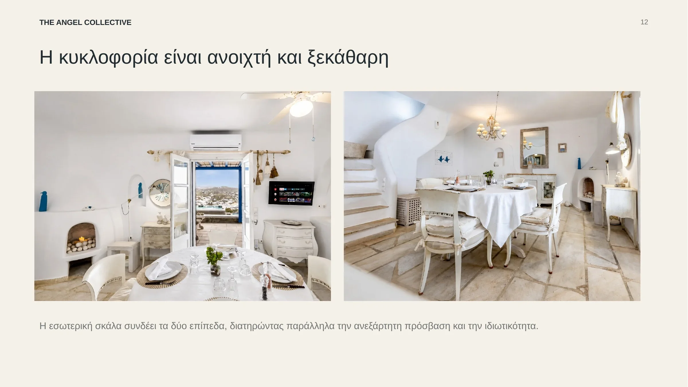 Εσωτερική σκάλα και ανοιχτή τραπεζαρία που συνδέουν τα επίπεδα διατηρώντας ανεξάρτητη πρόσβαση.