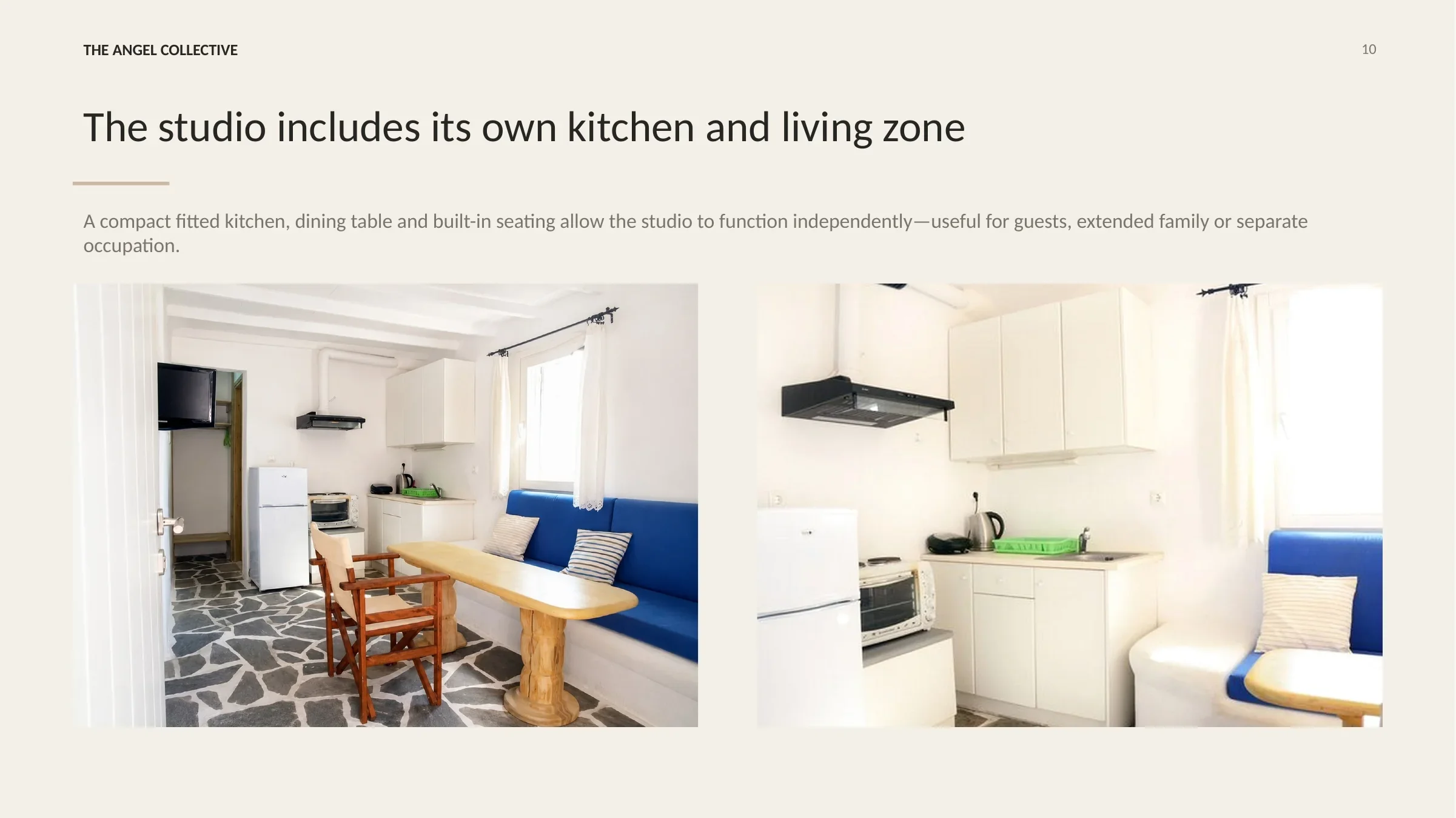 Independent studio living area with a fitted kitchenette, dining table and built-in seating.