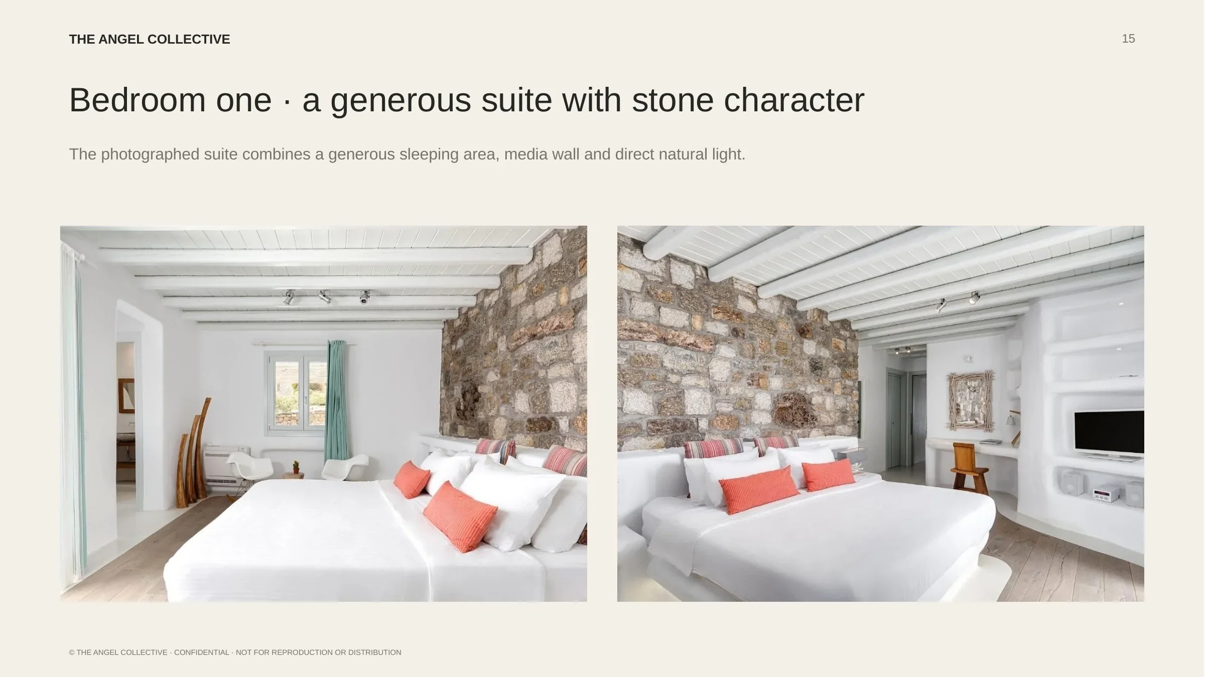 Bedroom one: Spacious principal bedroom with exposed stone walls, timber ceiling beams and neutral furnishings.
