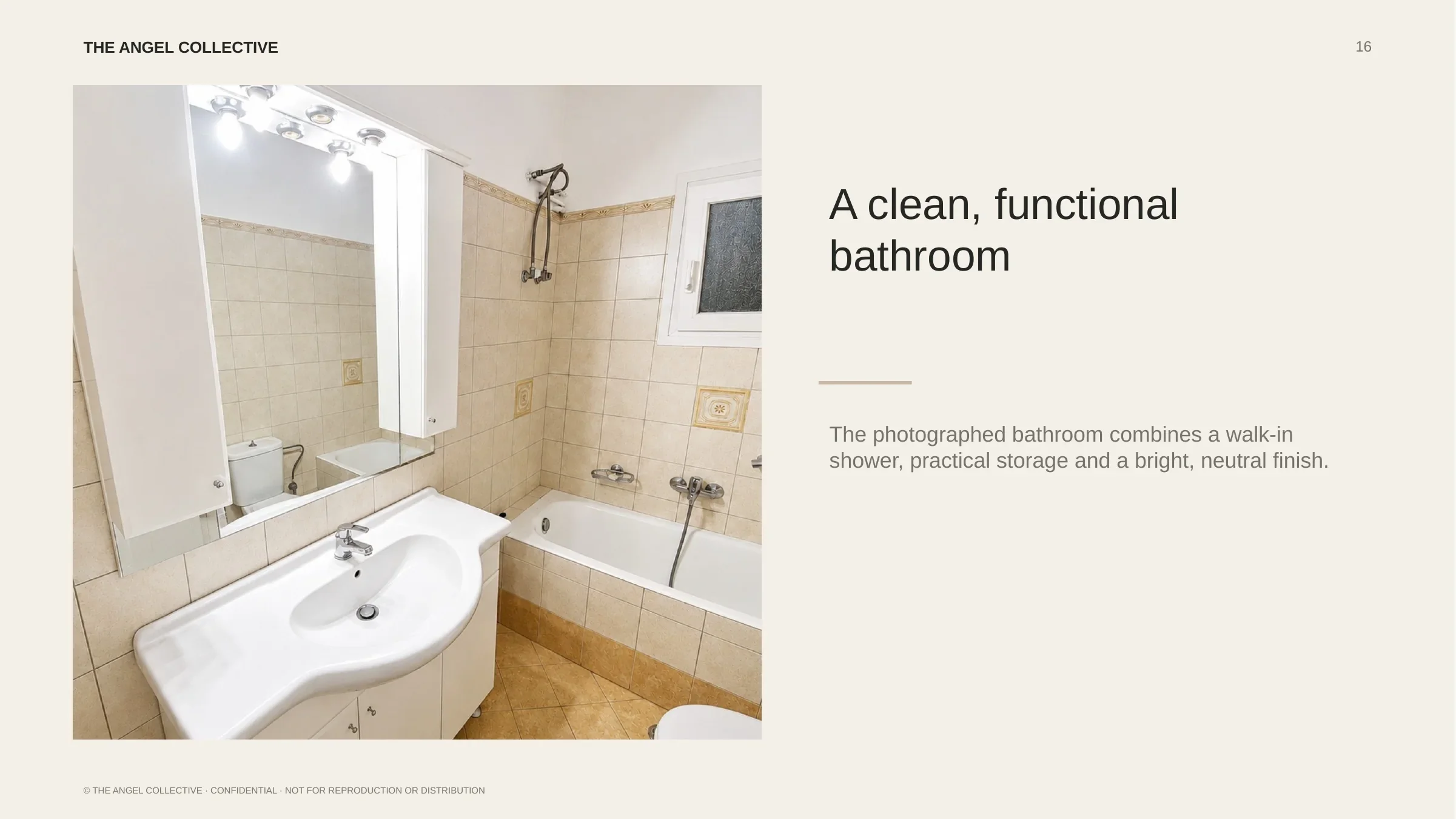 Bright functional bathroom with a walk-in shower, practical storage and neutral finishes.