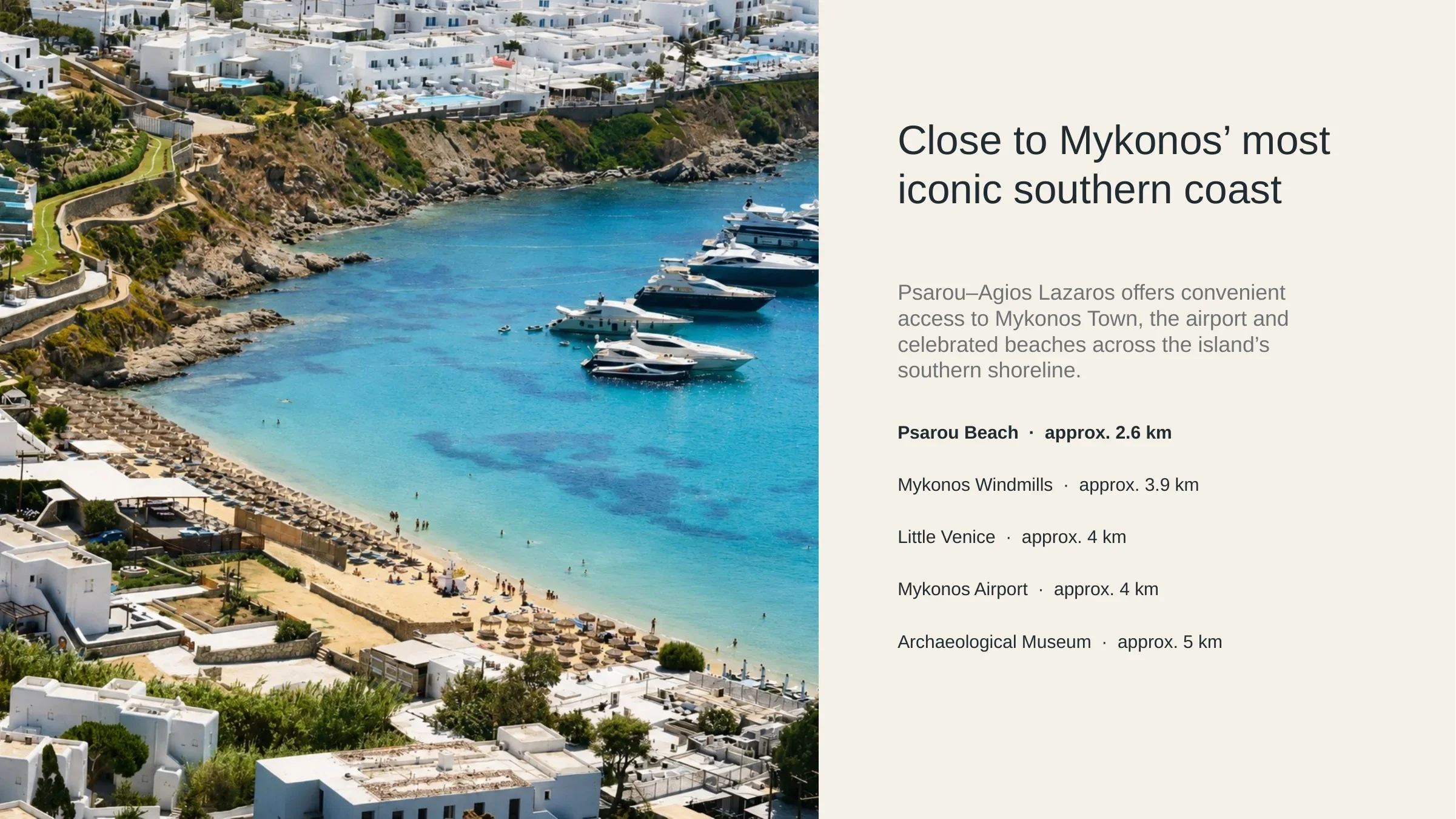 Psarou-Agios Lazaros location overview with access to nearby beaches, Mykonos Town and the airport.