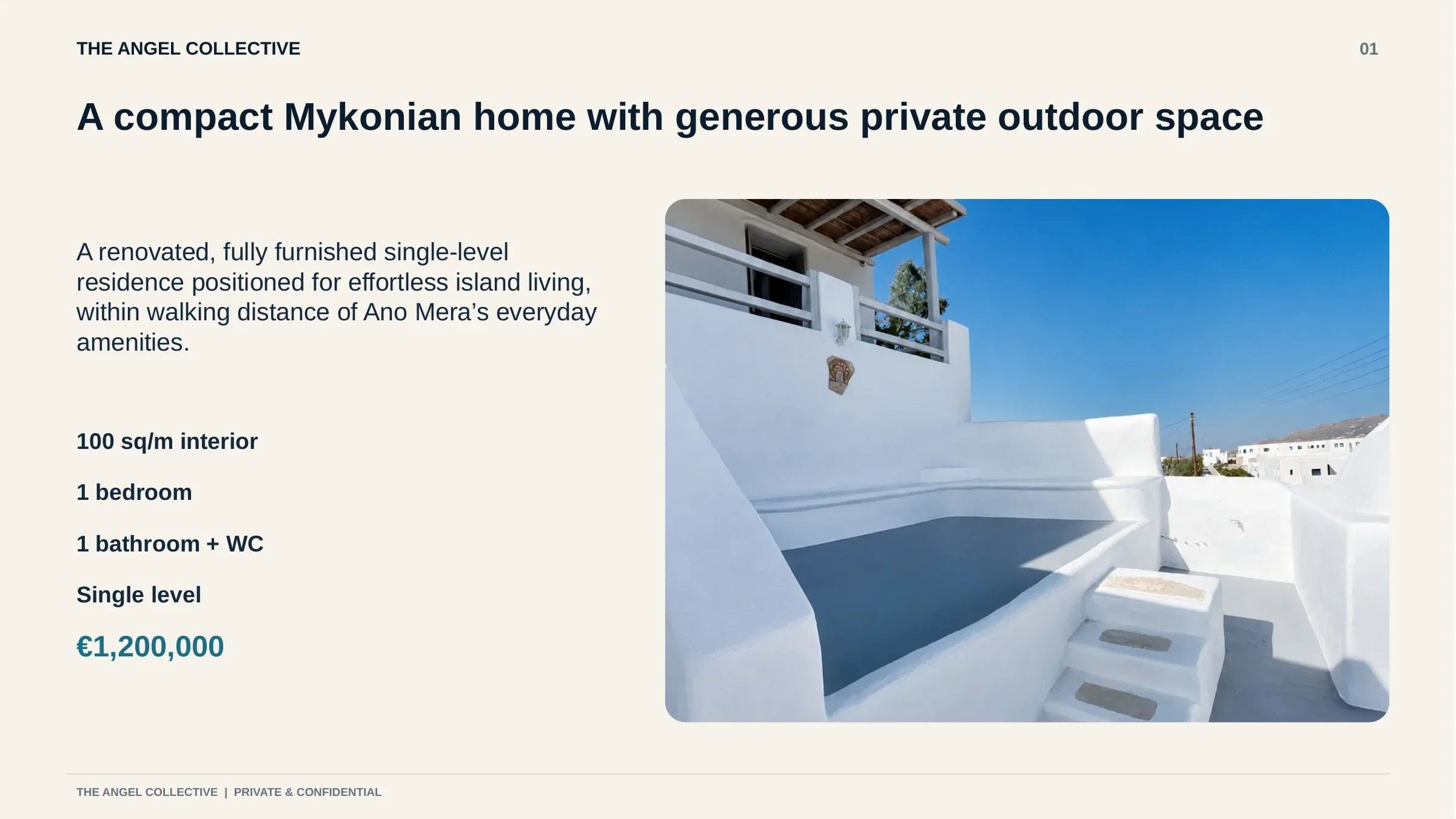 Overview of a renovated and furnished single-level residence with generous private outdoor space in Ano Mera.