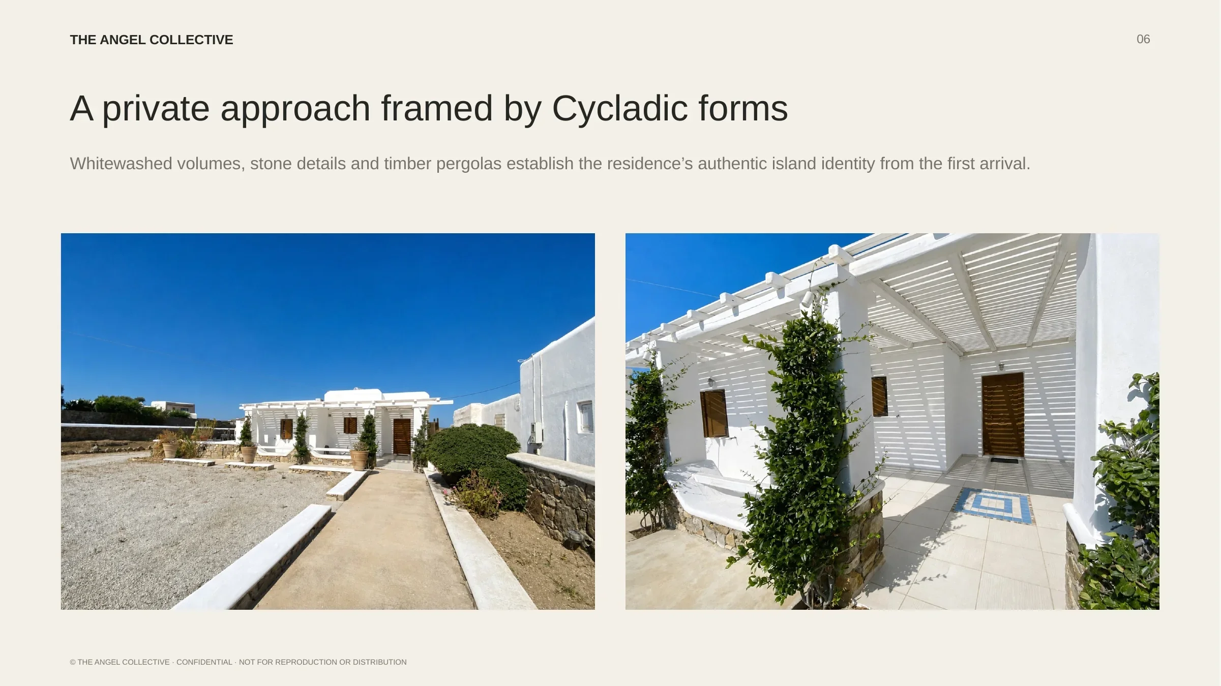 Private approach framed by whitewashed Cycladic volumes, stone details and timber pergolas.