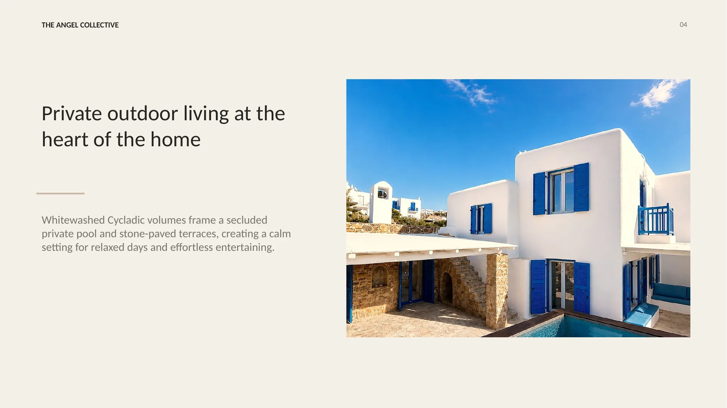 Private swimming pool and stone-paved courtyard framed by whitewashed Cycladic architecture.