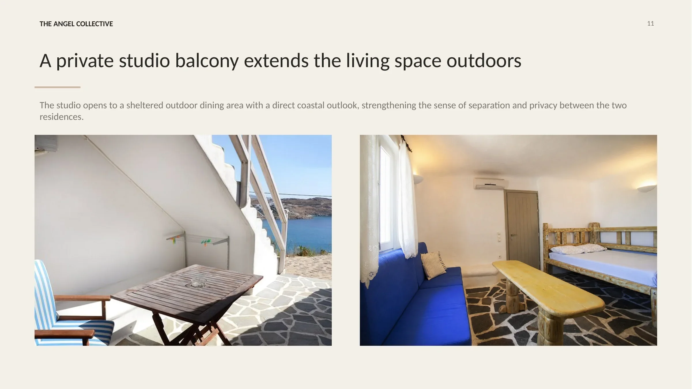 Sheltered private studio balcony with an outdoor dining area and direct coastal views.