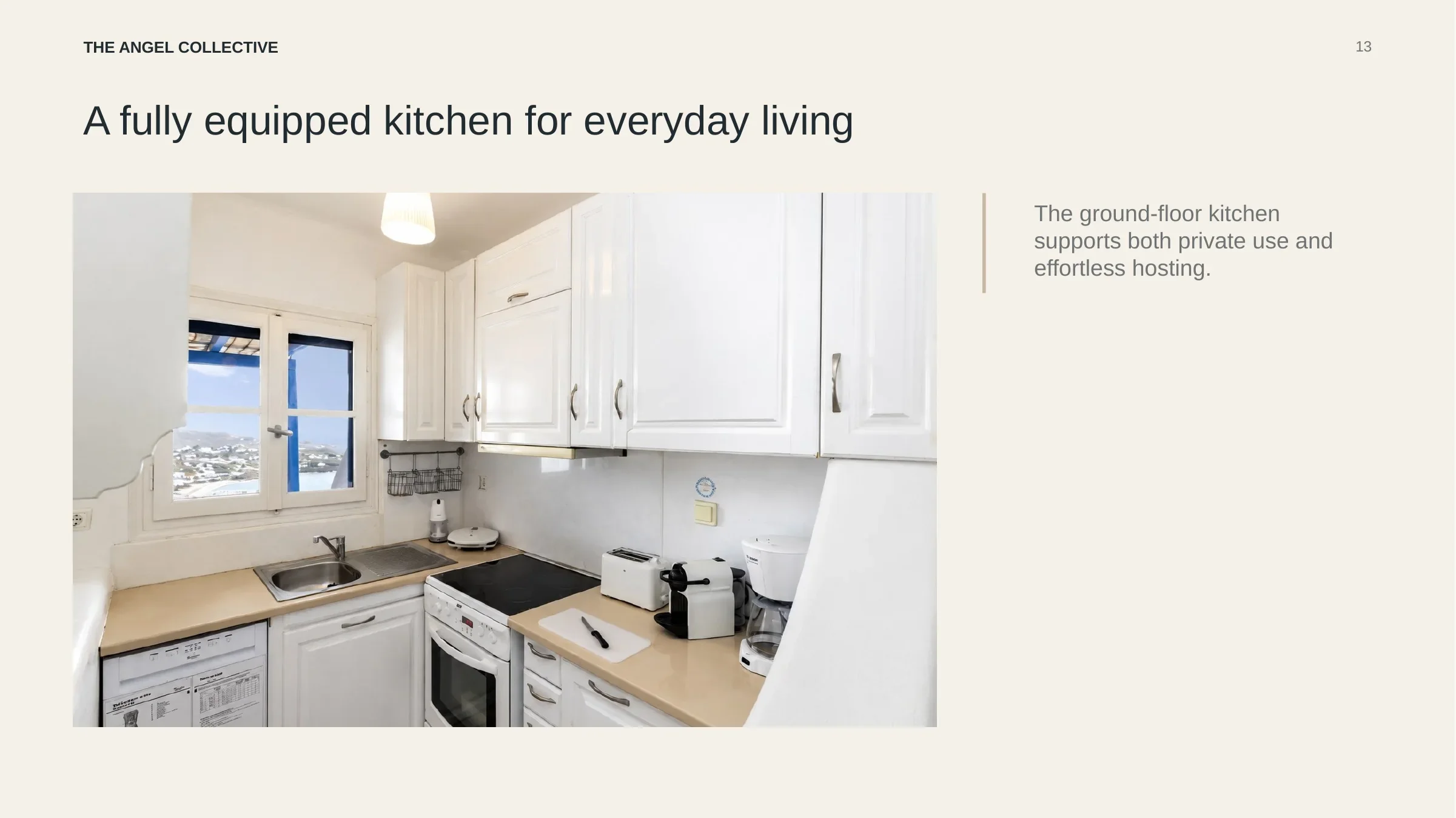 Fully equipped ground-floor kitchen with white cabinetry, modern appliances and natural light.