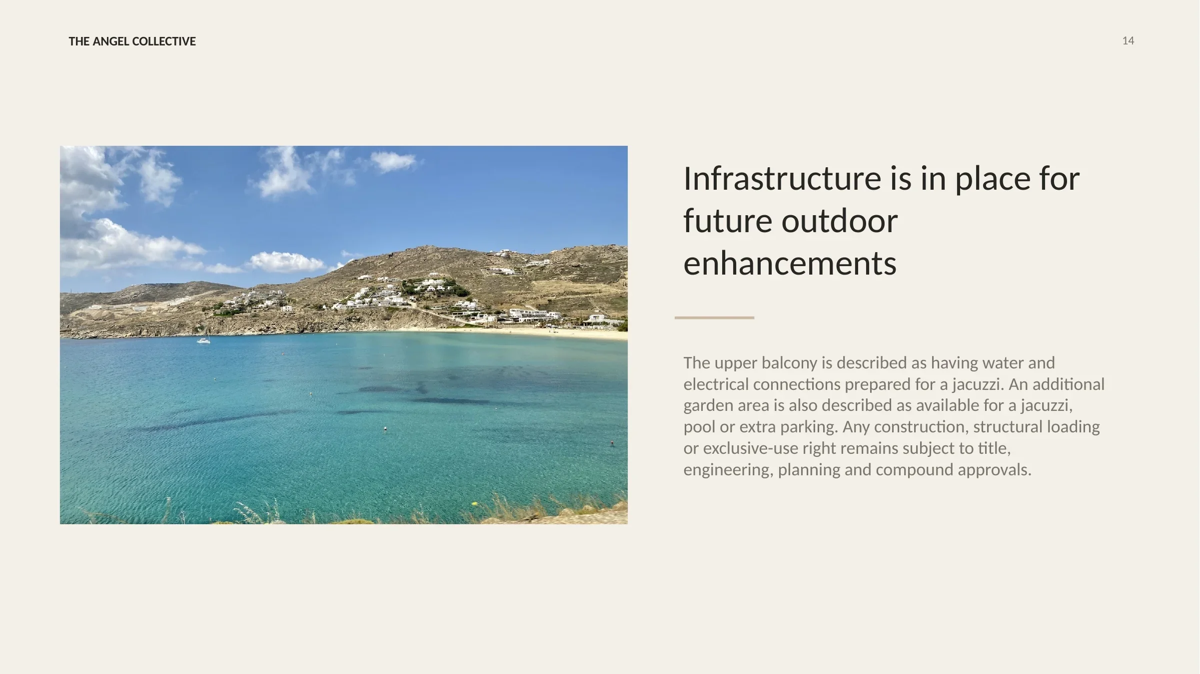 Kalo Livadi coastal view accompanying information about potential future outdoor enhancements, subject to approval.