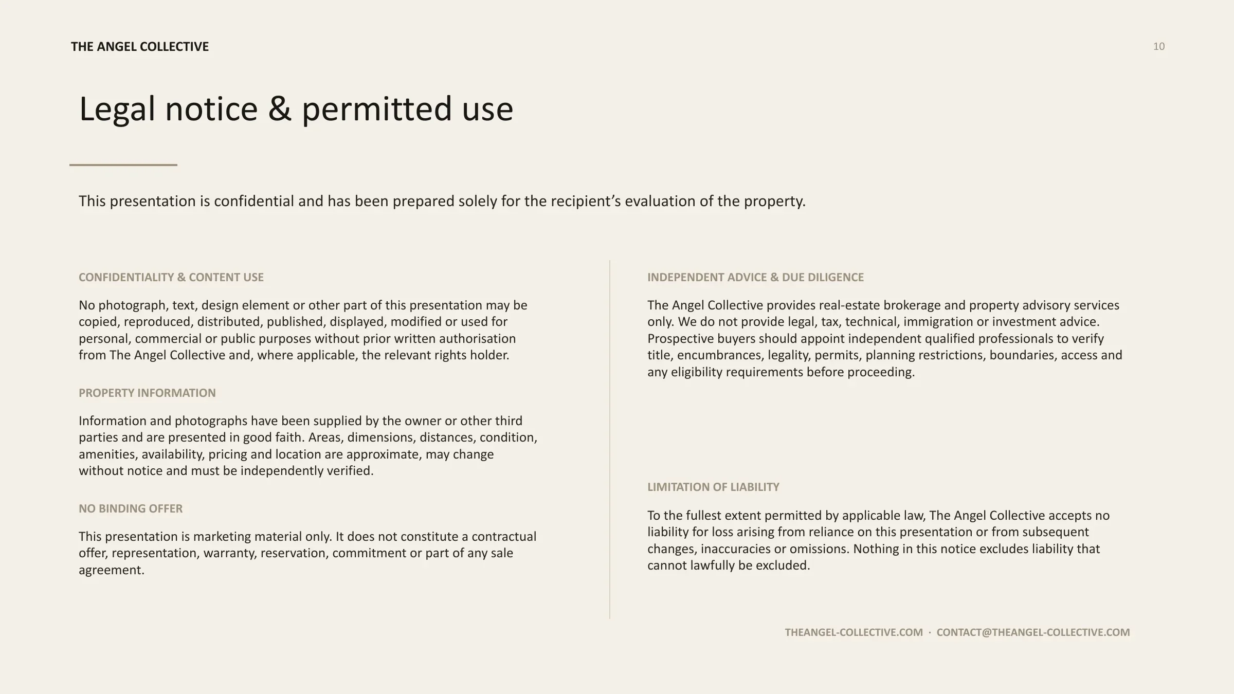 Confidentiality, property information and permitted-use notice for the Ornos apartment presentation.