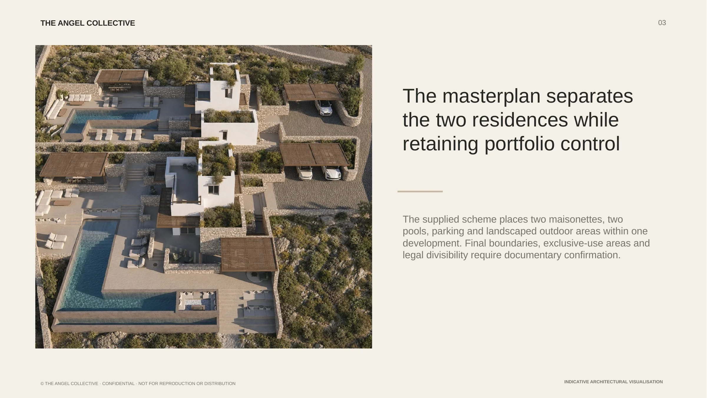 Indicative masterplan showing two independent villas within a single site in Agrari, Mykonos.