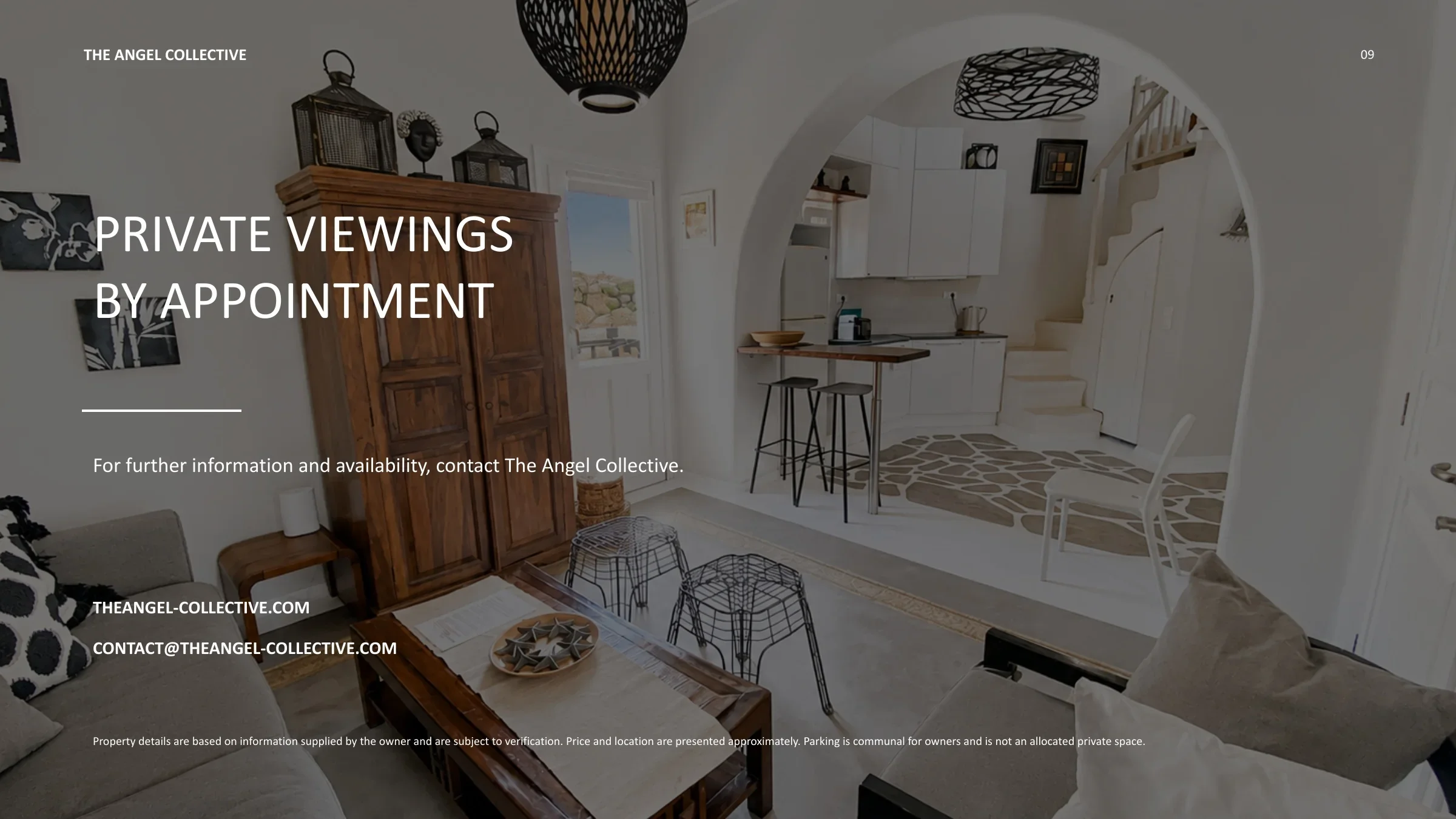 Private viewing and contact information for a furnished two-level apartment in Ornos, Mykonos.