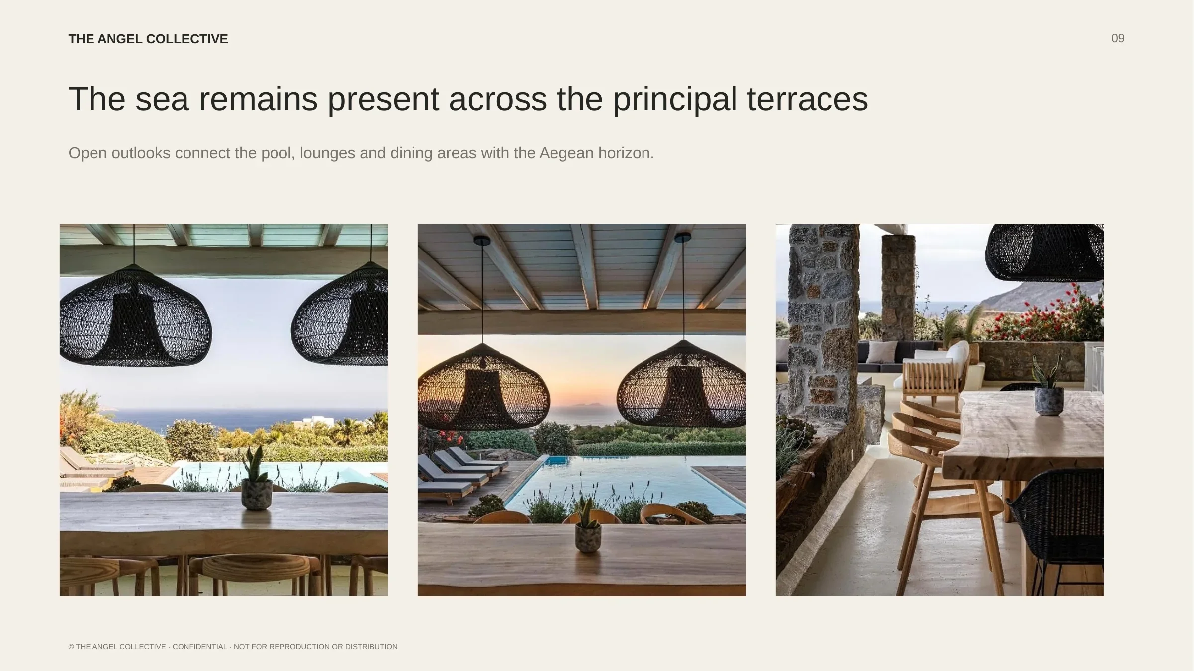 Sea-view terraces: Covered terraces with outdoor seating, dining areas and views toward the Aegean Sea.