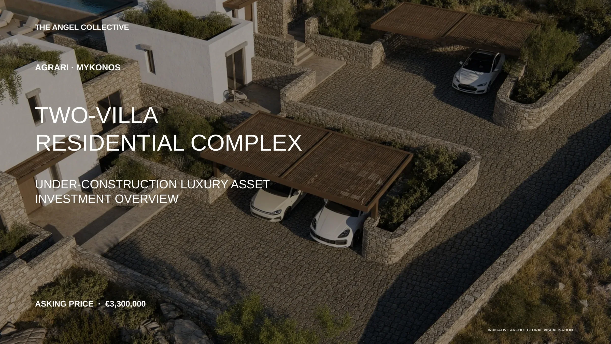 Indicative architectural visualisation of a two-villa investment opportunity with private pools in Agrari, Mykonos.