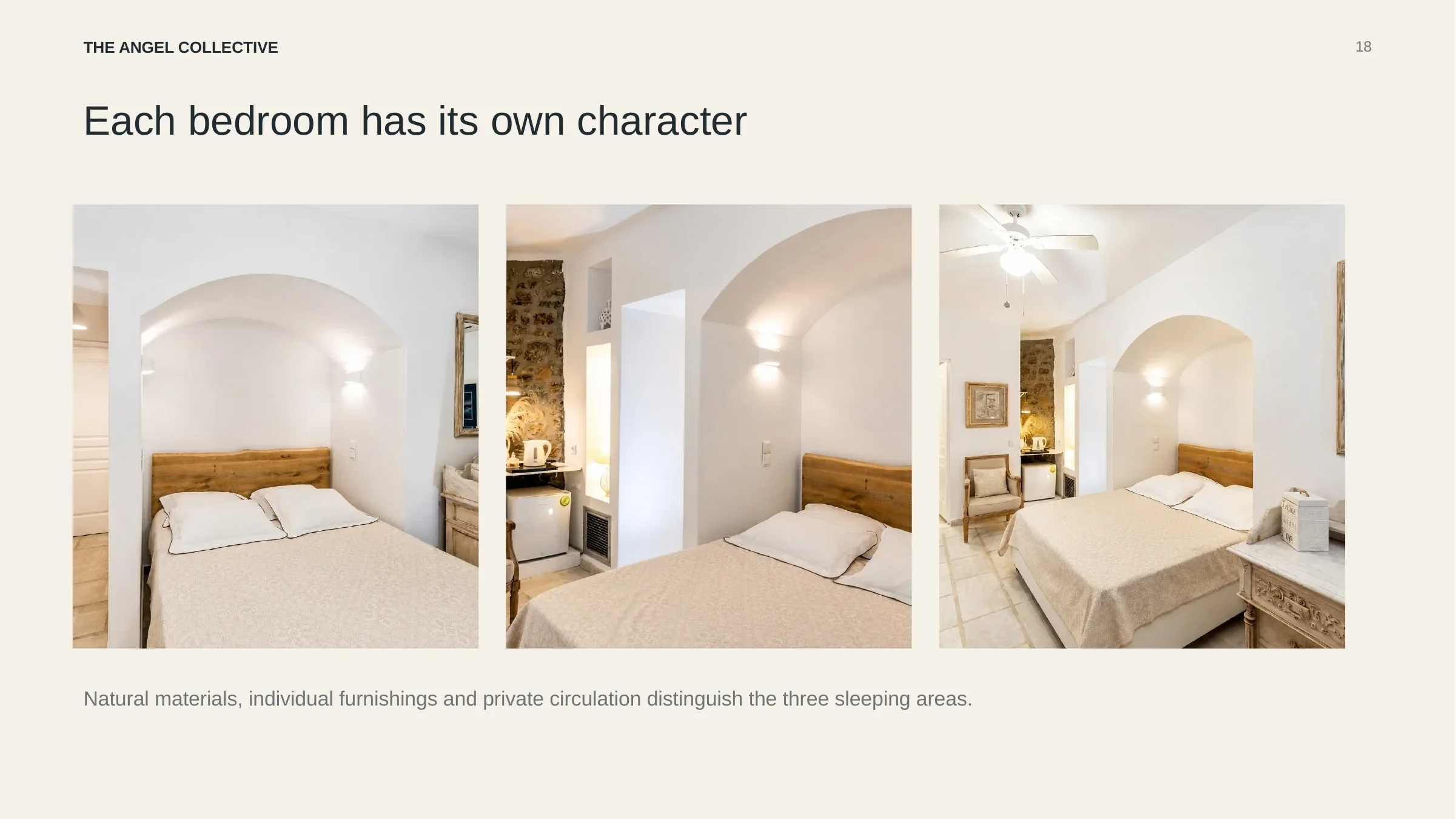Three individually designed bedroom interiors with natural materials, private circulation and Cycladic details.