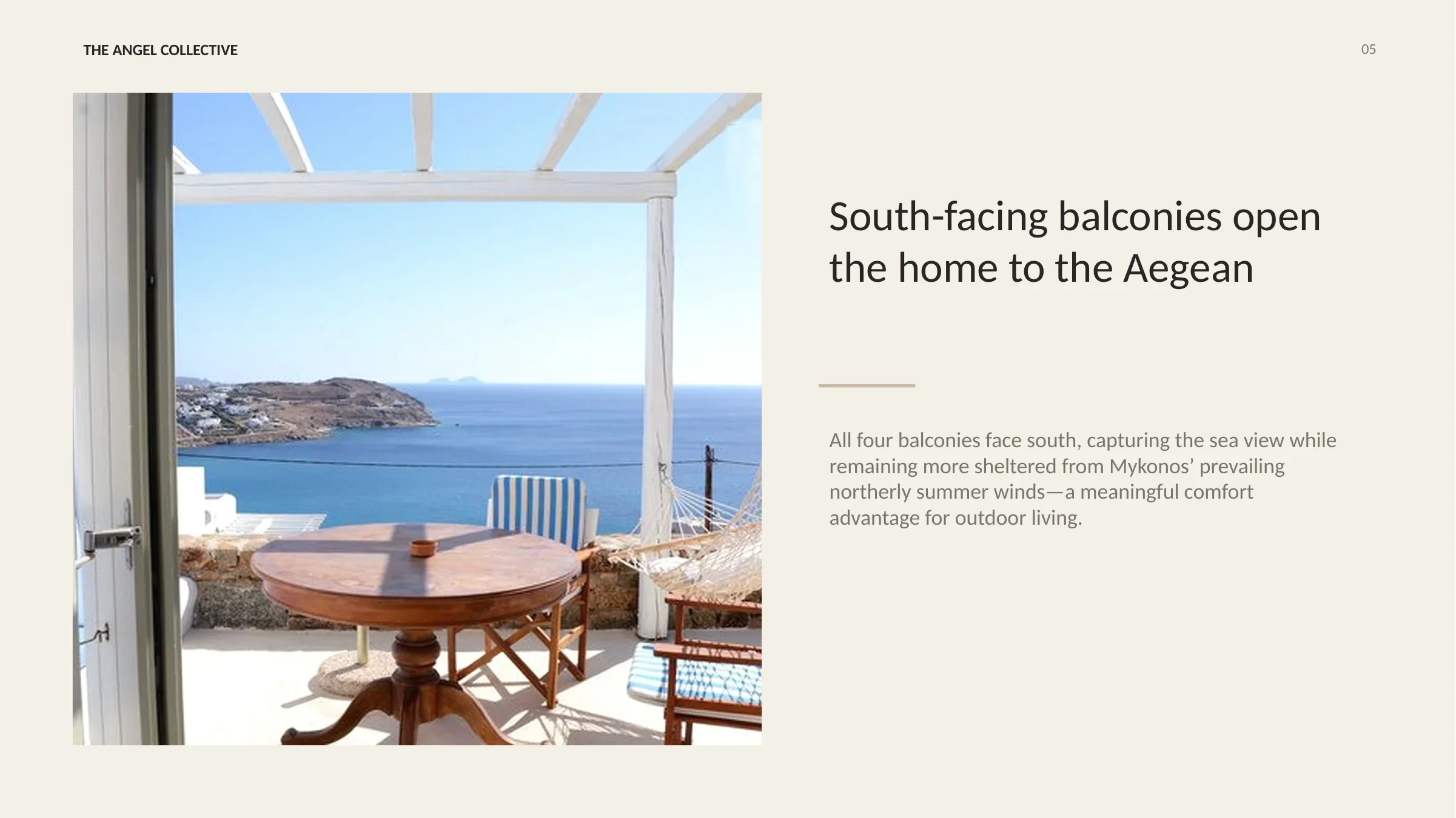 Sheltered south-facing balcony with outdoor dining and panoramic views of Kalo Livadi Bay.