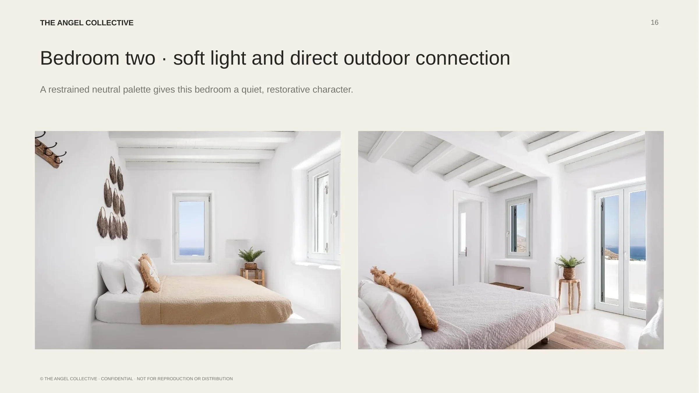 Bedroom two: Bright double bedroom with soft natural tones and direct access to the outdoor areas.