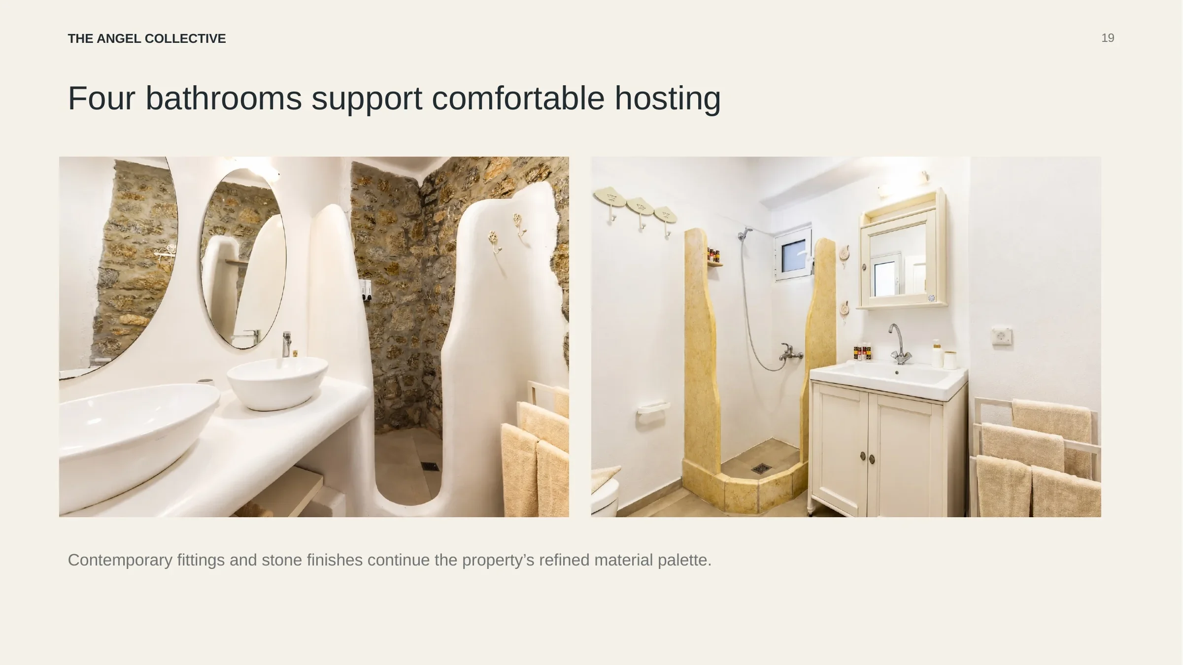 Contemporary villa bathrooms with stone finishes, built-in details and modern fittings.